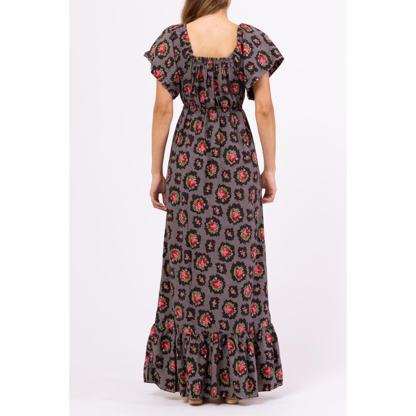 Vintage 70s Dark Floral Boho Maxi Peasant Dress - Extra Small | Black & Pink Rose Print Cottagecore Flutter Sleeve Western Prairie Dress