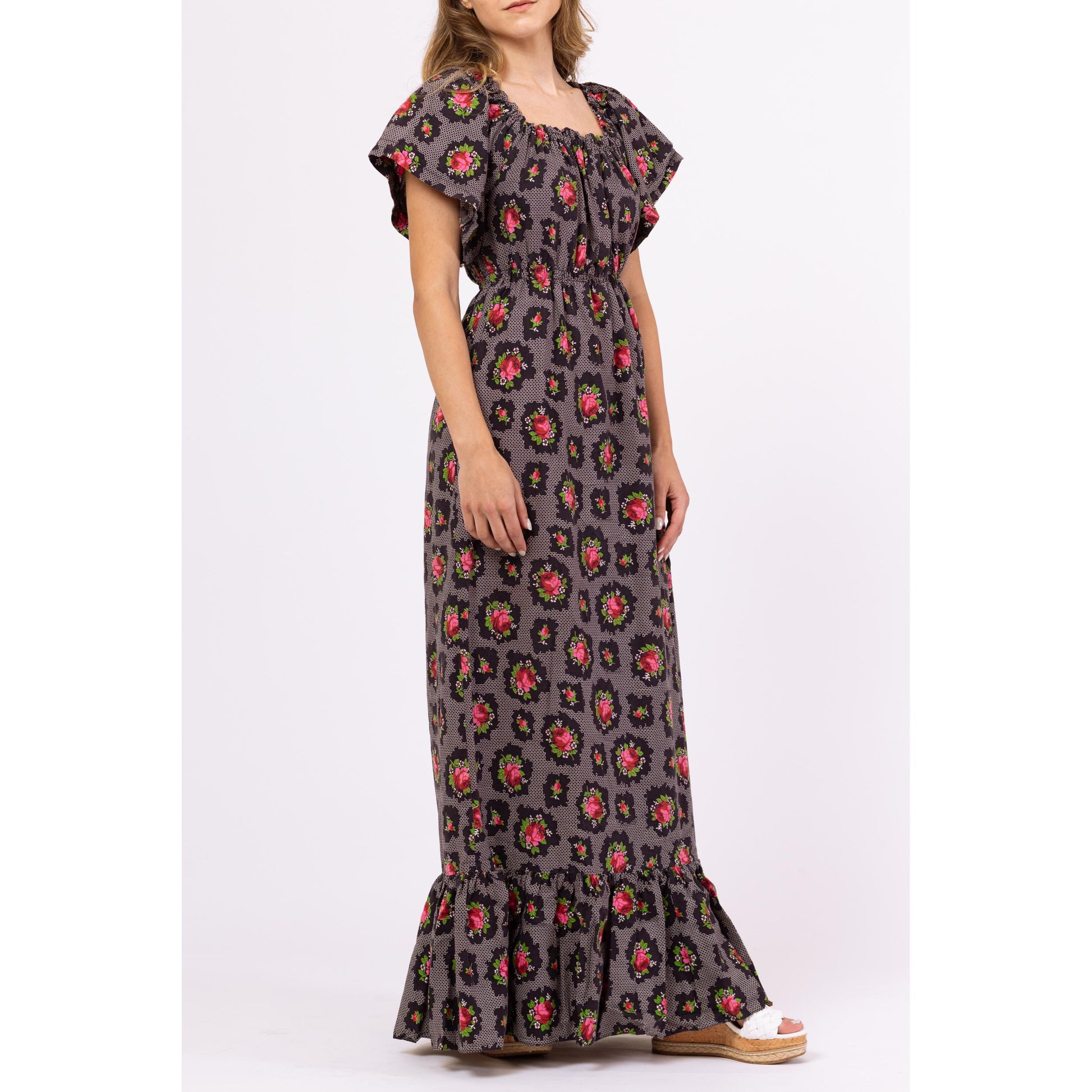 Vintage 70s Dark Floral Boho Maxi Peasant Dress - Extra Small | Black & Pink Rose Print Cottagecore Flutter Sleeve Western Prairie Dress