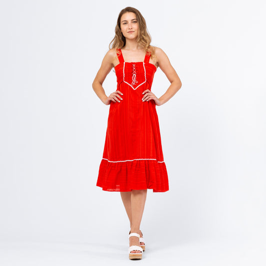 Vintage 70s Red Lace Up Corset Boho Midi Sundress - XXS | Sleeveless Ric Rac Trim Folk Summer Dress, 1970s Western Prairie Dress