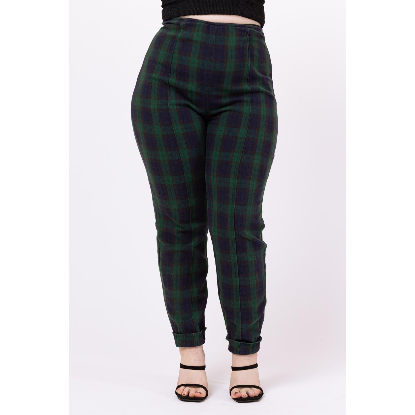 Vintage 90s Green & Navy Blue Plaid Skinny Pants - 30" Waist | Grunge Outfit, High Waisted Stretchy Cuffed Trousers