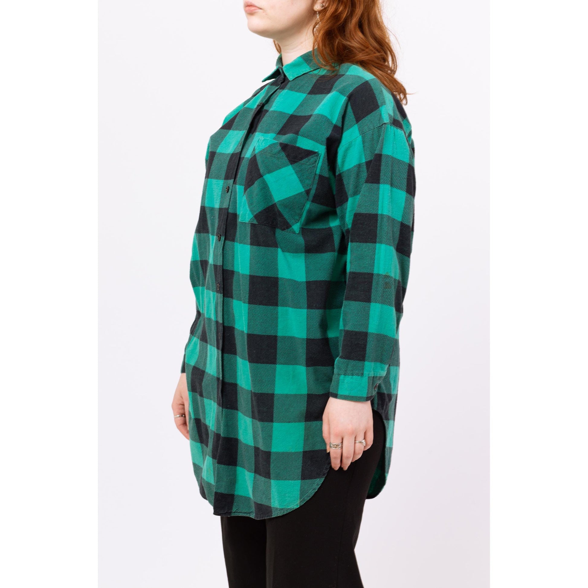 Vintage 80s Green & Black Buffalo Plaid Long Soft Flannel Shirt - Large | Grunge Clothing, Oversize Button Up Long Sleeve Collared Top