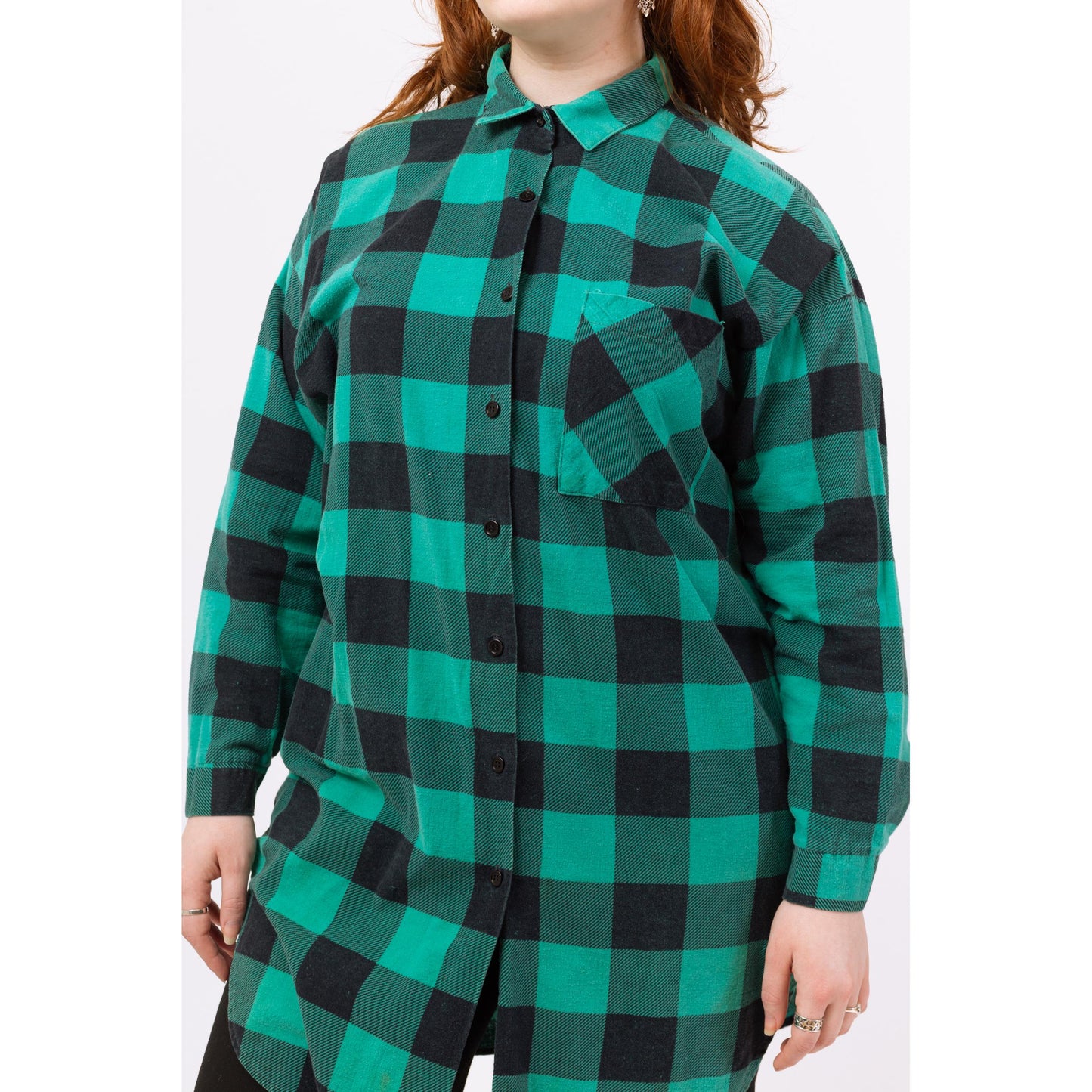 Vintage 80s Green & Black Buffalo Plaid Long Soft Flannel Shirt - Large | Grunge Clothing, Oversize Button Up Long Sleeve Collared Top