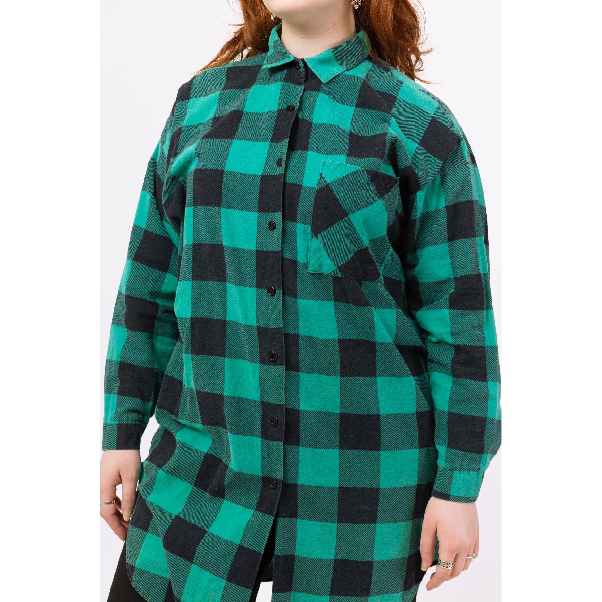 Vintage 80s Green & Black Buffalo Plaid Long Soft Flannel Shirt - Large | Grunge Clothing, Oversize Button Up Long Sleeve Collared Top