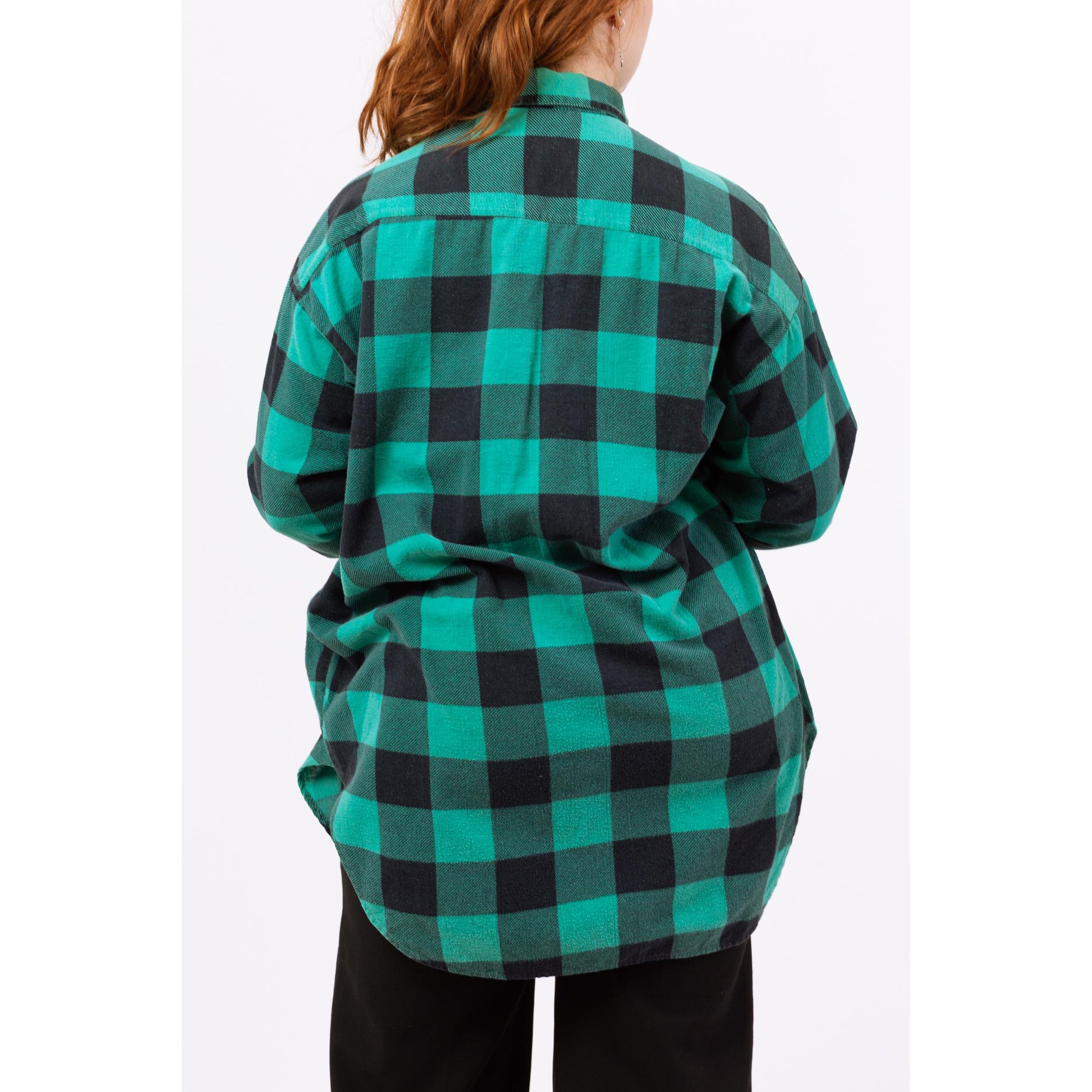 Vintage 80s Green & Black Buffalo Plaid Long Soft Flannel Shirt - Large | Grunge Clothing, Oversize Button Up Long Sleeve Collared Top