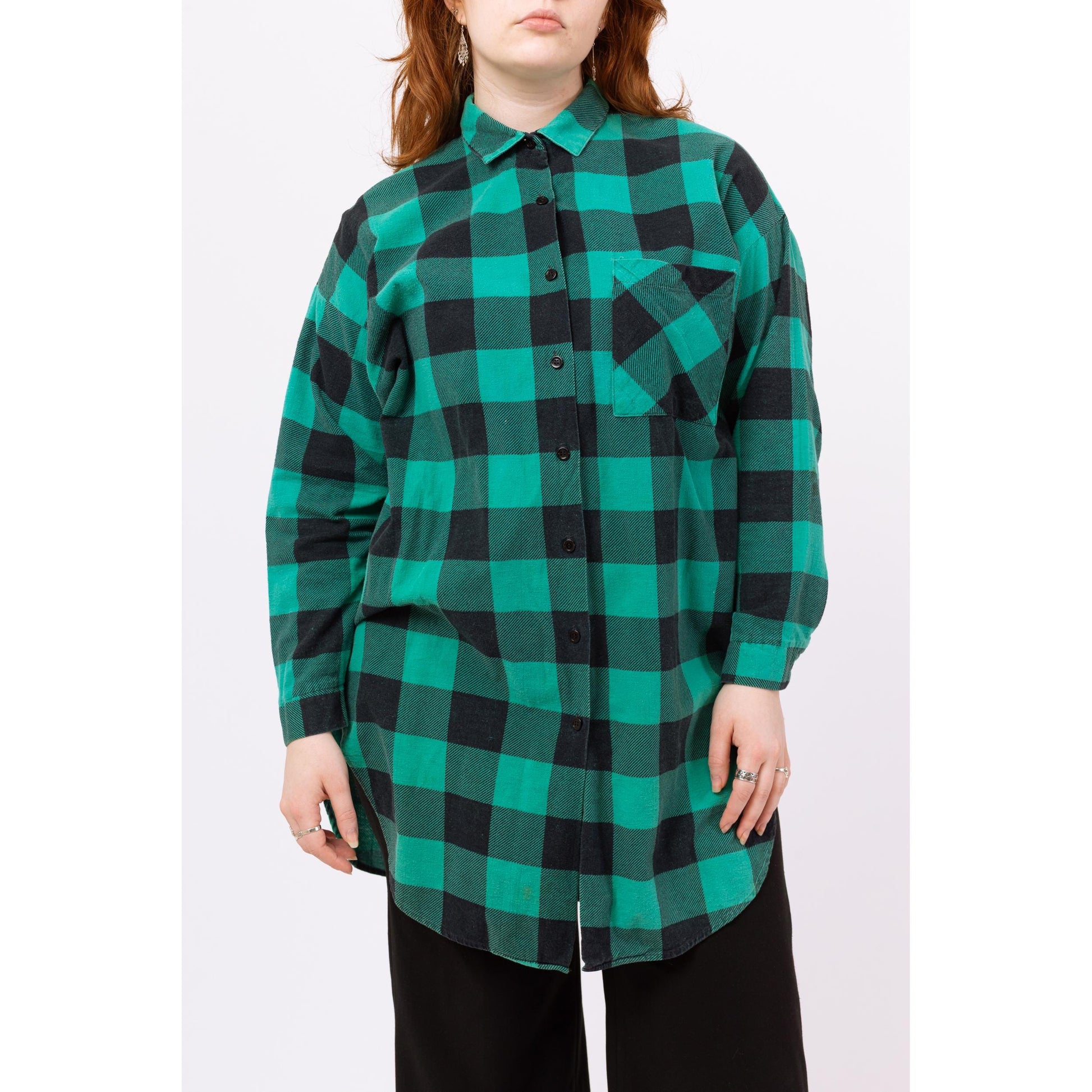 Vintage 80s Green & Black Buffalo Plaid Long Soft Flannel Shirt - Large | Grunge Clothing, Oversize Button Up Long Sleeve Collared Top