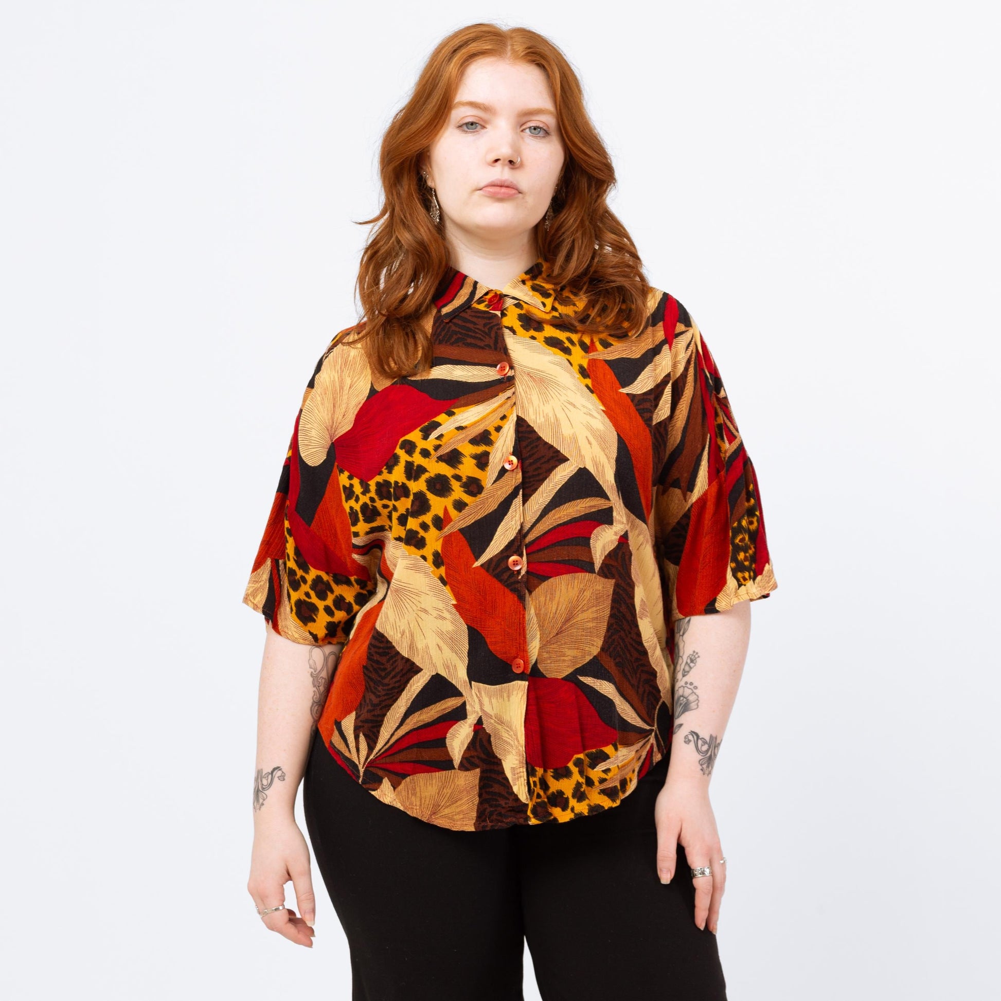 Vintage 90s Grunge Soft Tropical Leaf & Animal Print Shirt - Medium | Red Black Yellow Button Up Half Sleeve Rayon Top