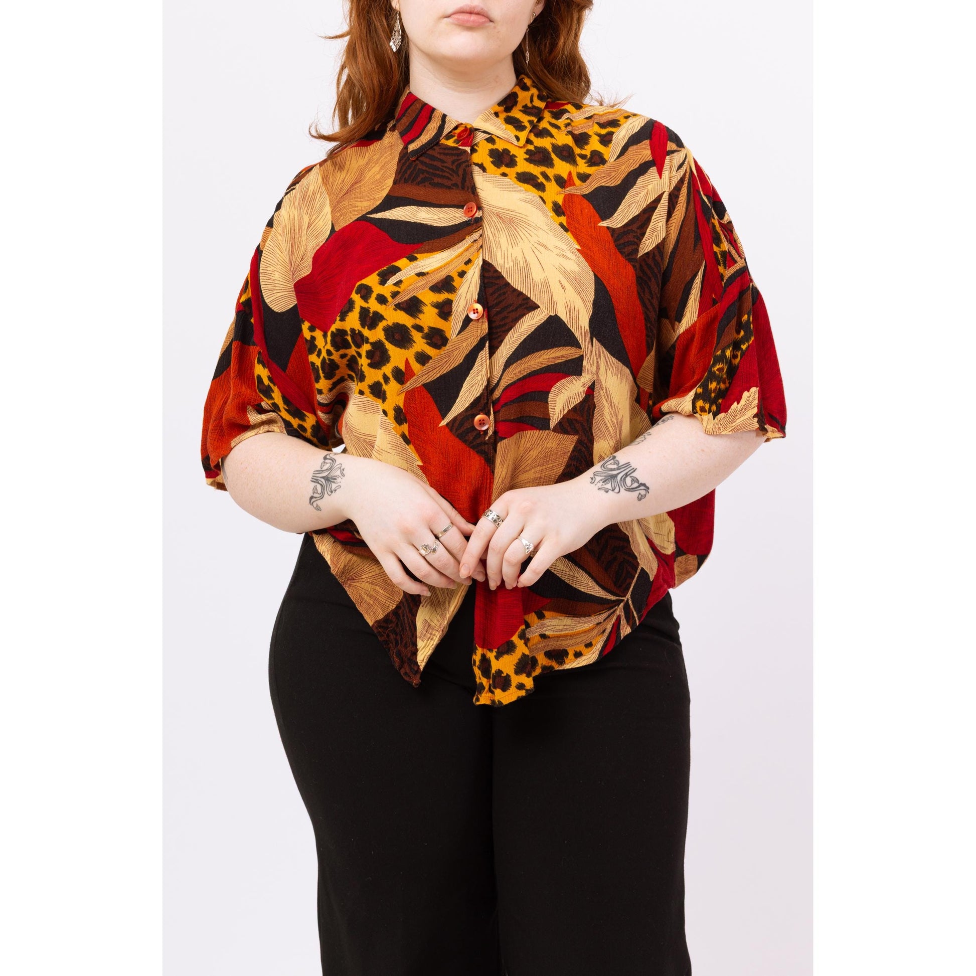 Vintage 90s Grunge Soft Tropical Leaf & Animal Print Shirt - Medium | Red Black Yellow Button Up Half Sleeve Rayon Top