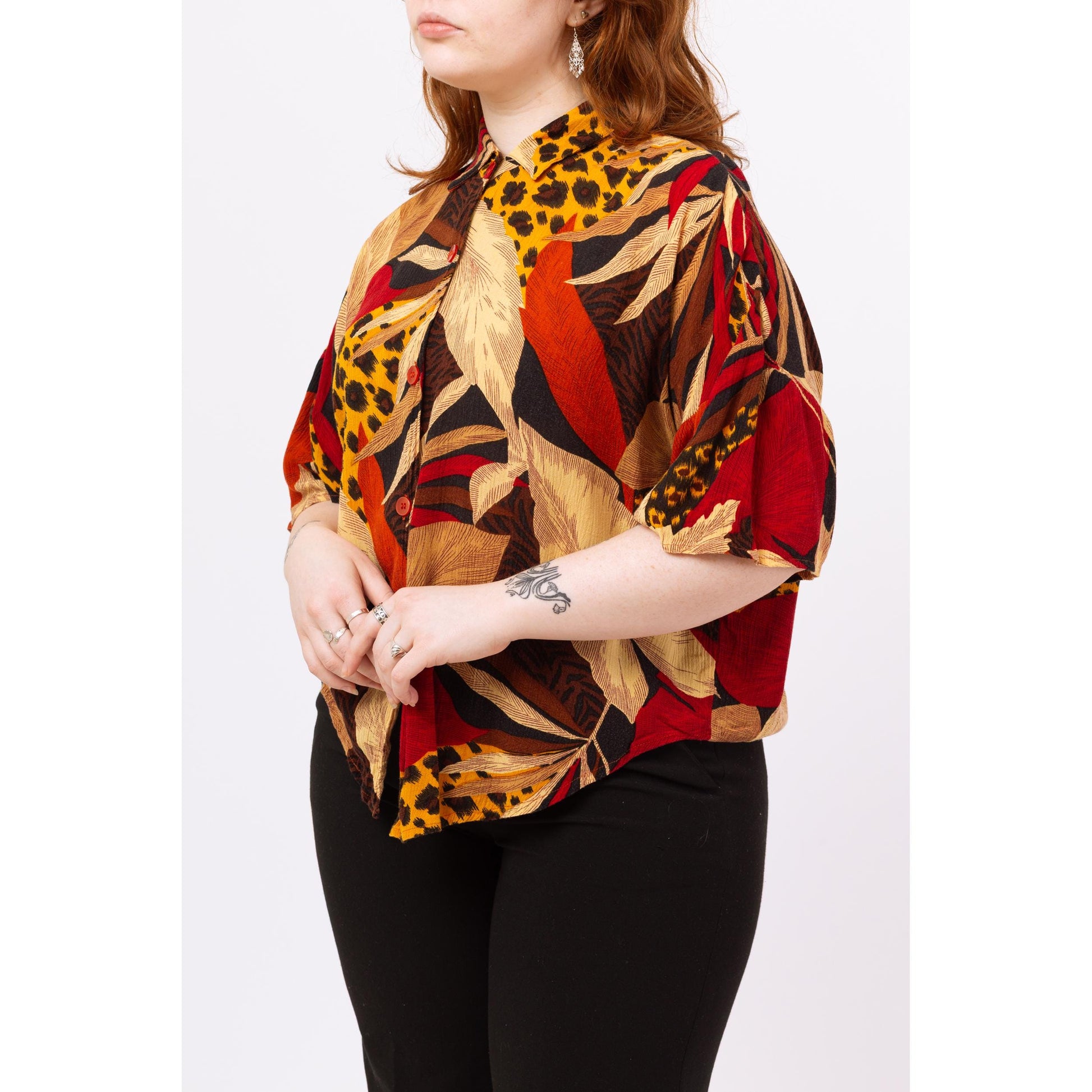 Vintage 90s Grunge Soft Tropical Leaf & Animal Print Shirt - Medium | Red Black Yellow Button Up Half Sleeve Rayon Top