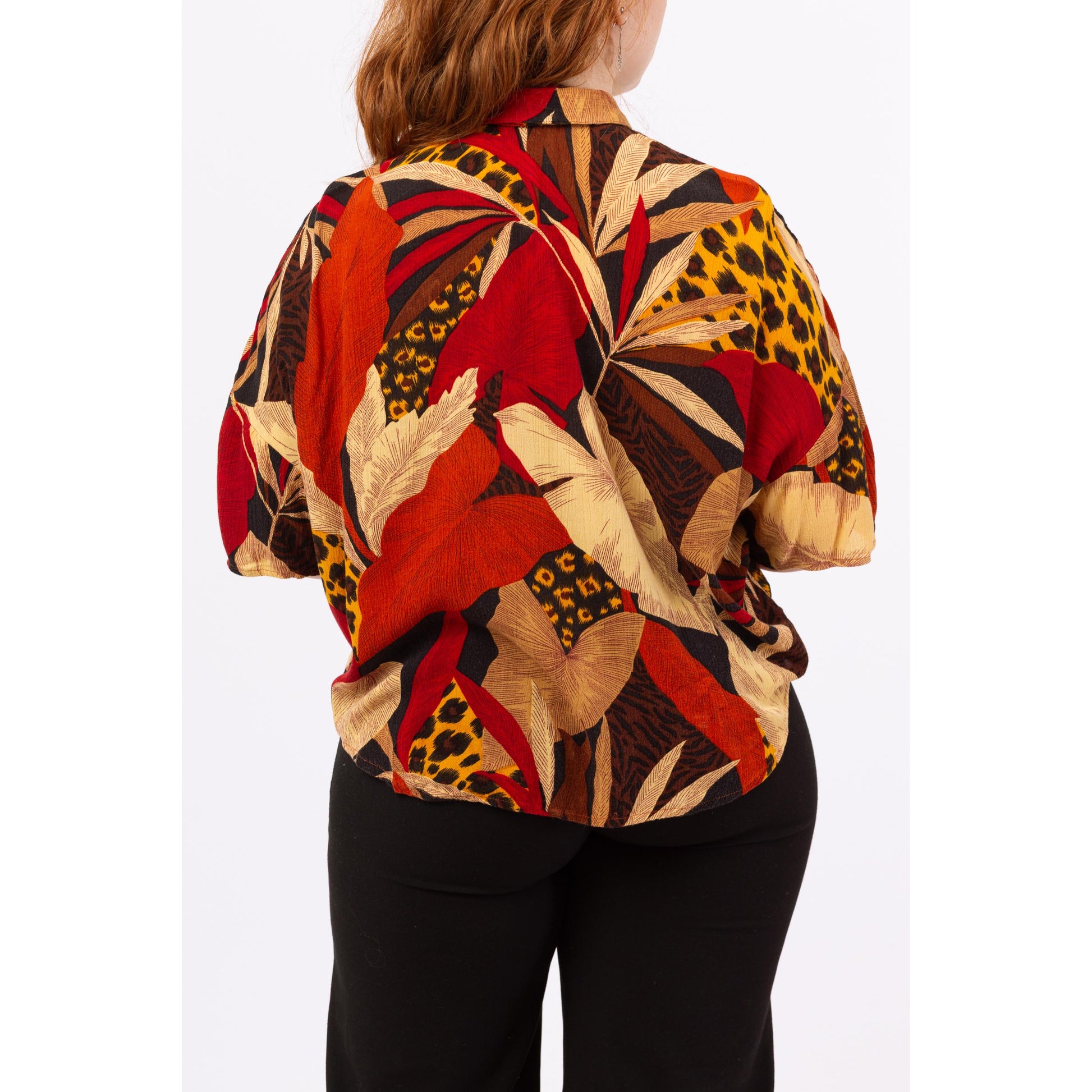 Vintage 90s Grunge Soft Tropical Leaf & Animal Print Shirt - Medium | Red Black Yellow Button Up Half Sleeve Rayon Top