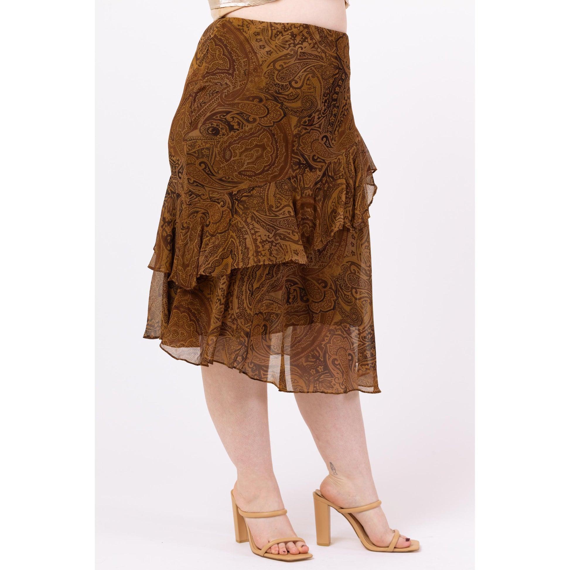 Vintage Y2K Ralph Lauren Brown Paisley Silk Midi Skirt – Petite Medium | Boho Long Flowy Skirt, Festival Fairycore Skirt