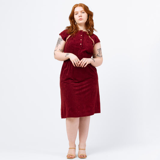 Vintage 70s Burgundy Velour Midi Shirtdress - Medium | Retro Clothing, Two Tone Cap Sleeve A Line Dress