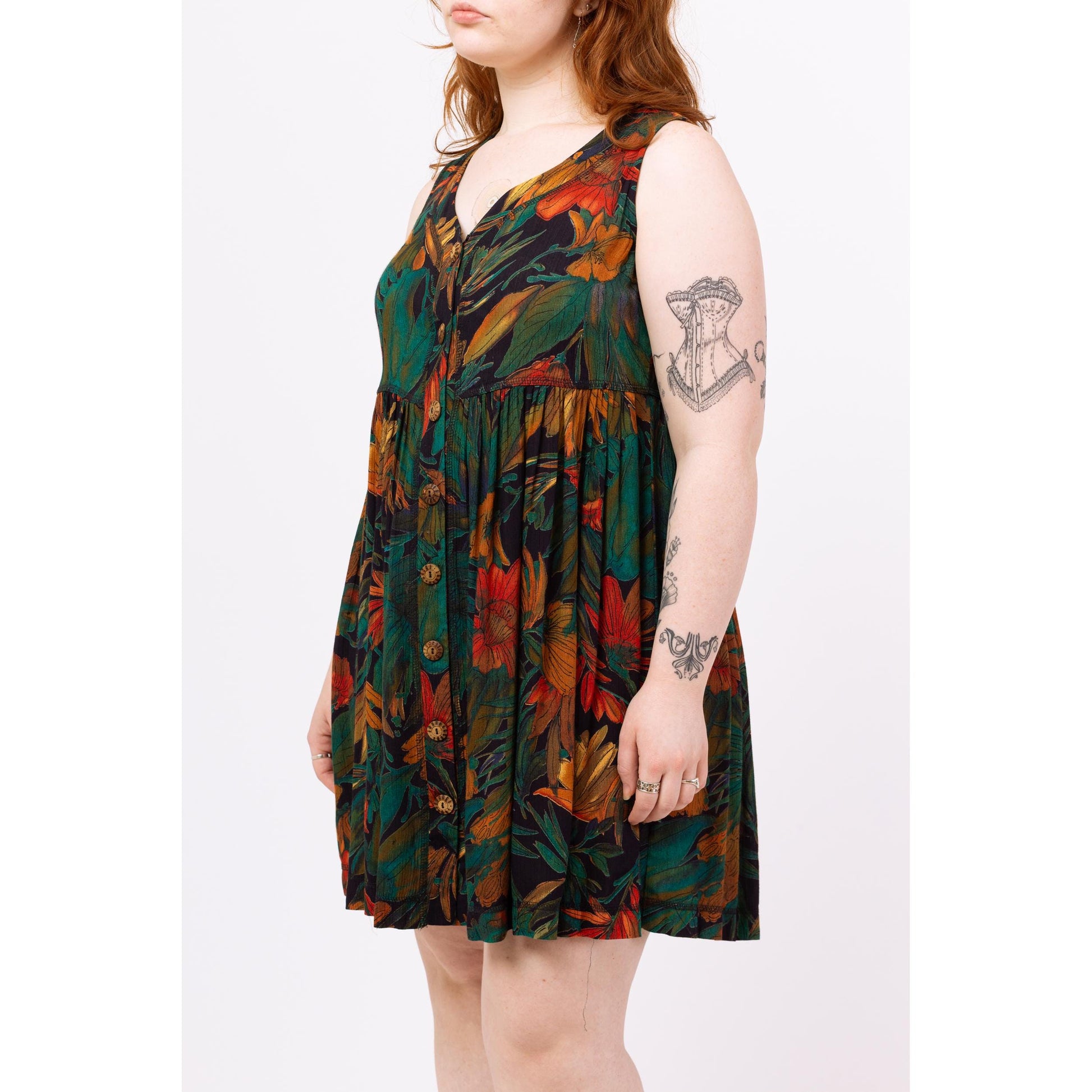 Vintage 90s Green Tropical Floral Babydoll Mini Dress - Medium | Boho Summer Sundress, Sleeveless Button Up Grunge Dress