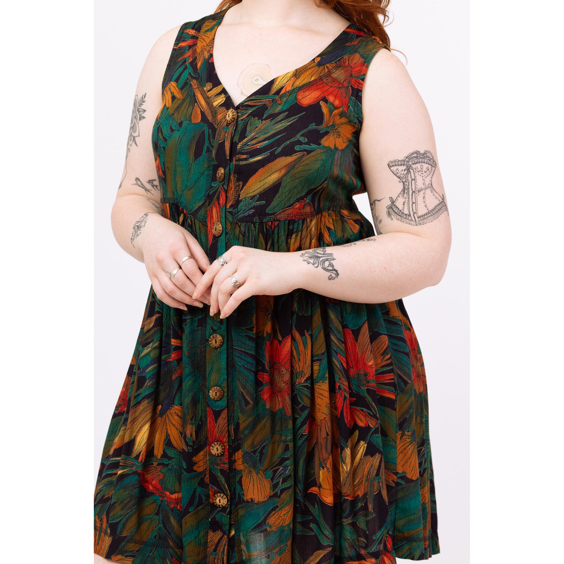 Vintage 90s Green Tropical Floral Babydoll Mini Dress - Medium | Boho Summer Sundress, Sleeveless Button Up Grunge Dress