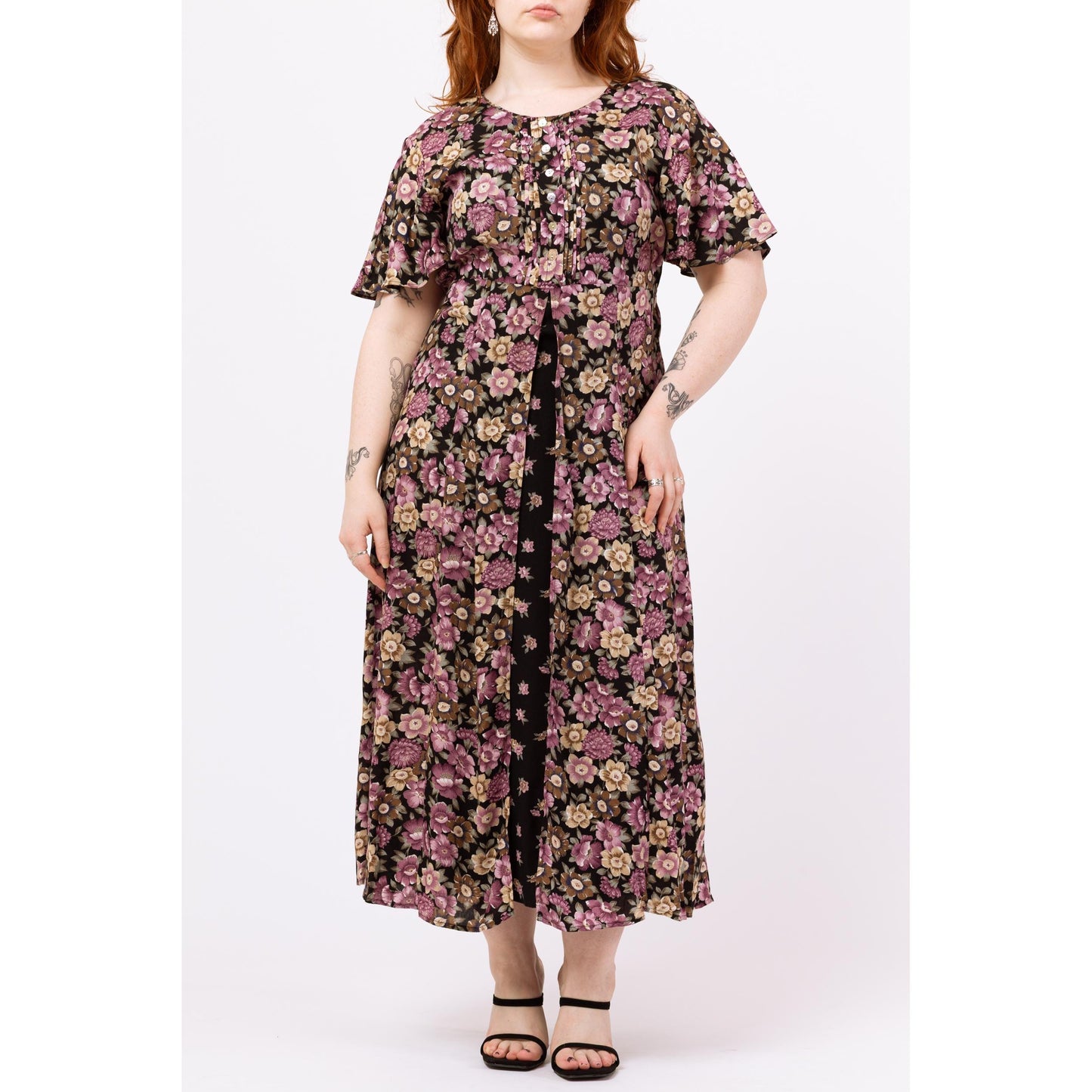 Vintage 90s Black & Purple Floral Maxi Dress – Large | Boho Grunge Dress, Flutter Sleeve Split Front Summer Sundress