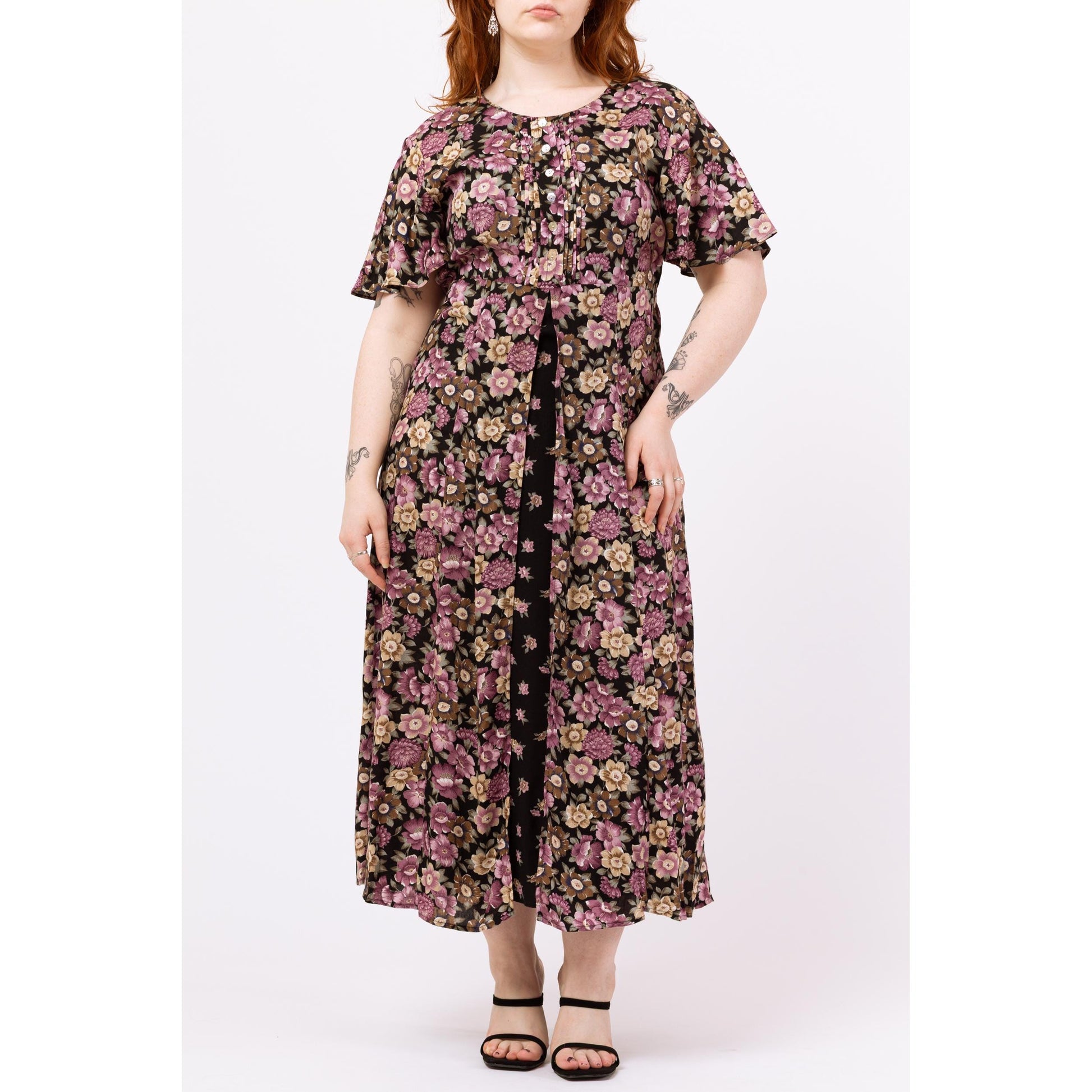 Vintage 90s Black & Purple Floral Maxi Dress – Large | Boho Grunge Dress, Flutter Sleeve Split Front Summer Sundress
