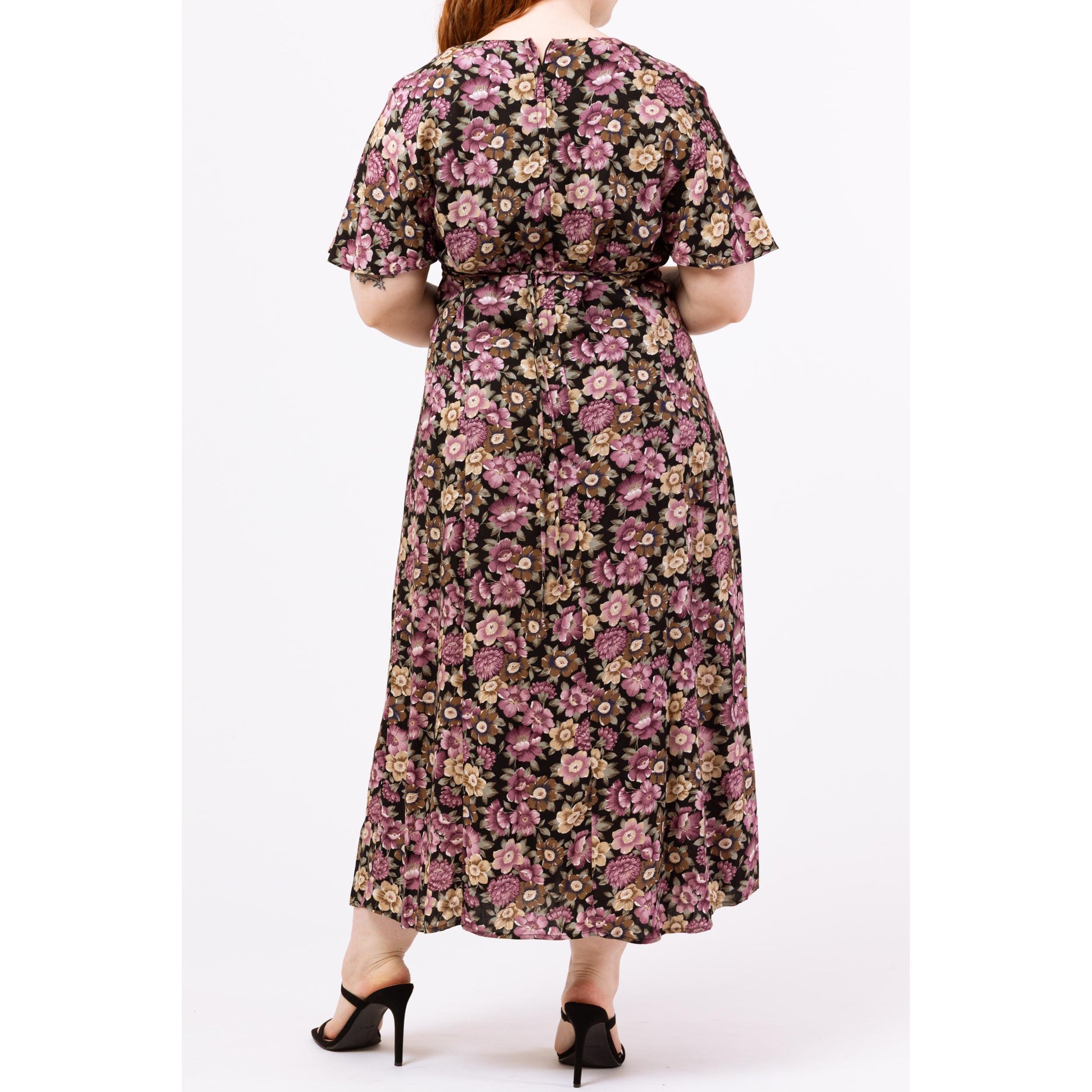Vintage 90s Black & Purple Floral Maxi Dress – Large | Boho Grunge Dress, Flutter Sleeve Split Front Summer Sundress