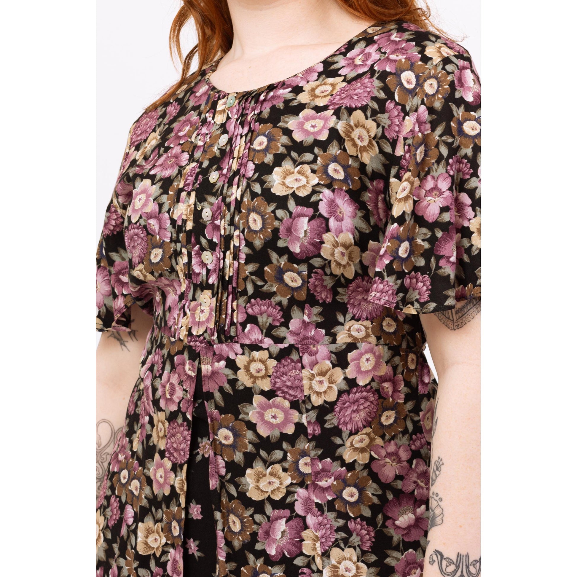 Vintage 90s Black & Purple Floral Maxi Dress – Large | Boho Grunge Dress, Flutter Sleeve Split Front Summer Sundress