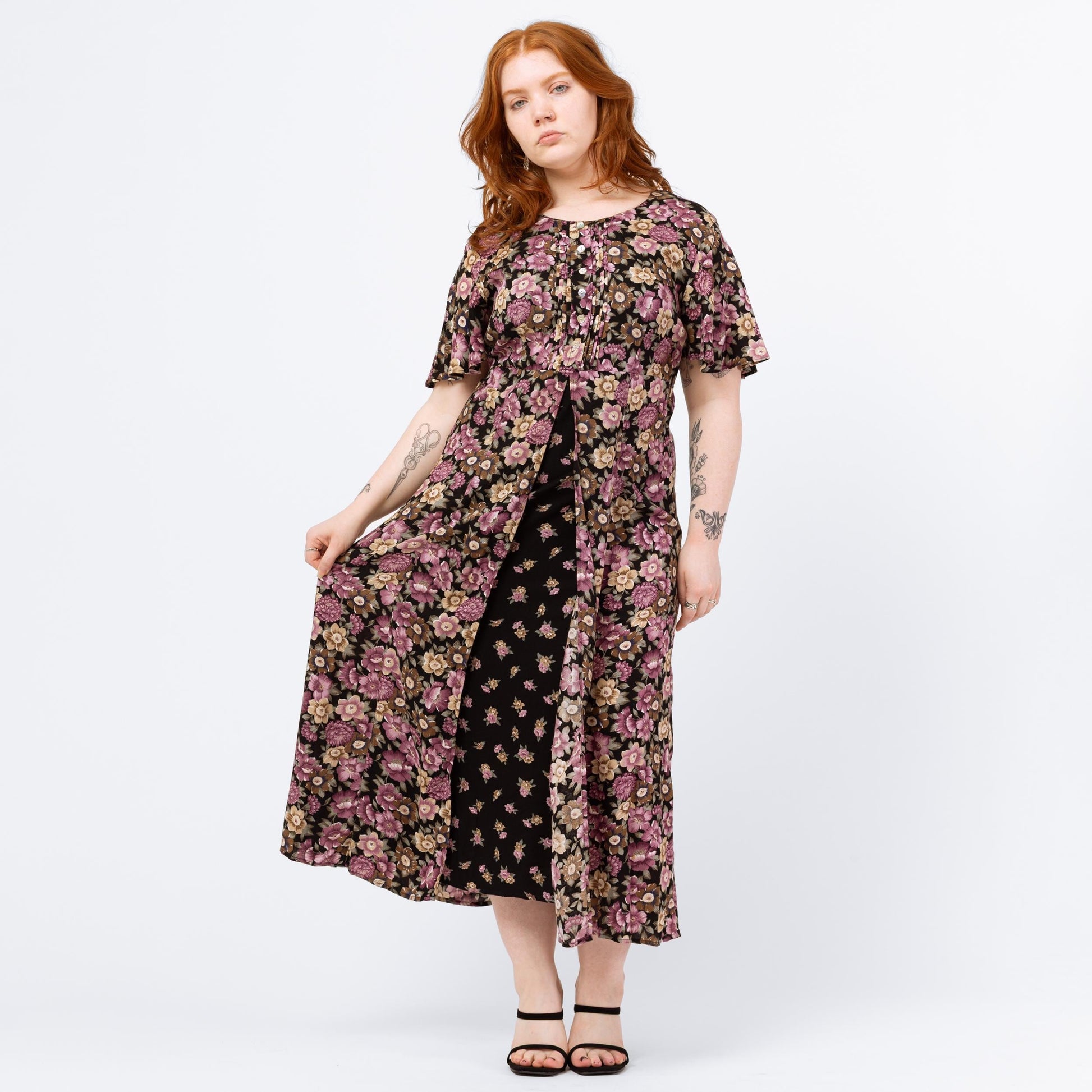 Vintage 90s Black & Purple Floral Maxi Dress – Large | Boho Grunge Dress, Flutter Sleeve Split Front Summer Sundress