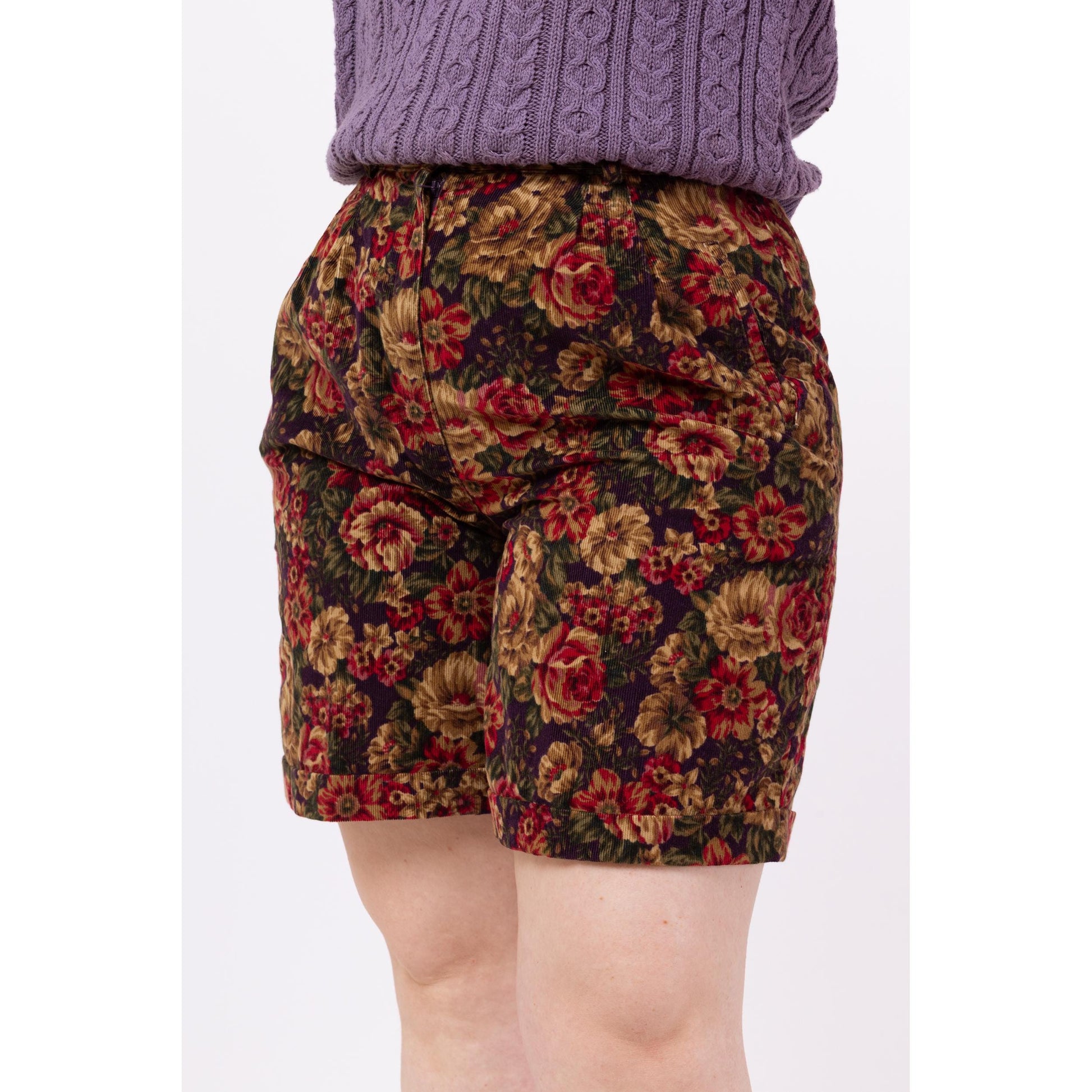 Vintage 90s Jewel Tone Floral Corduroy High Waisted Shorts - Medium, 29"-31" | Grunge Cuffed Pleated Long Shorts, Wide Leg Casual Shorts