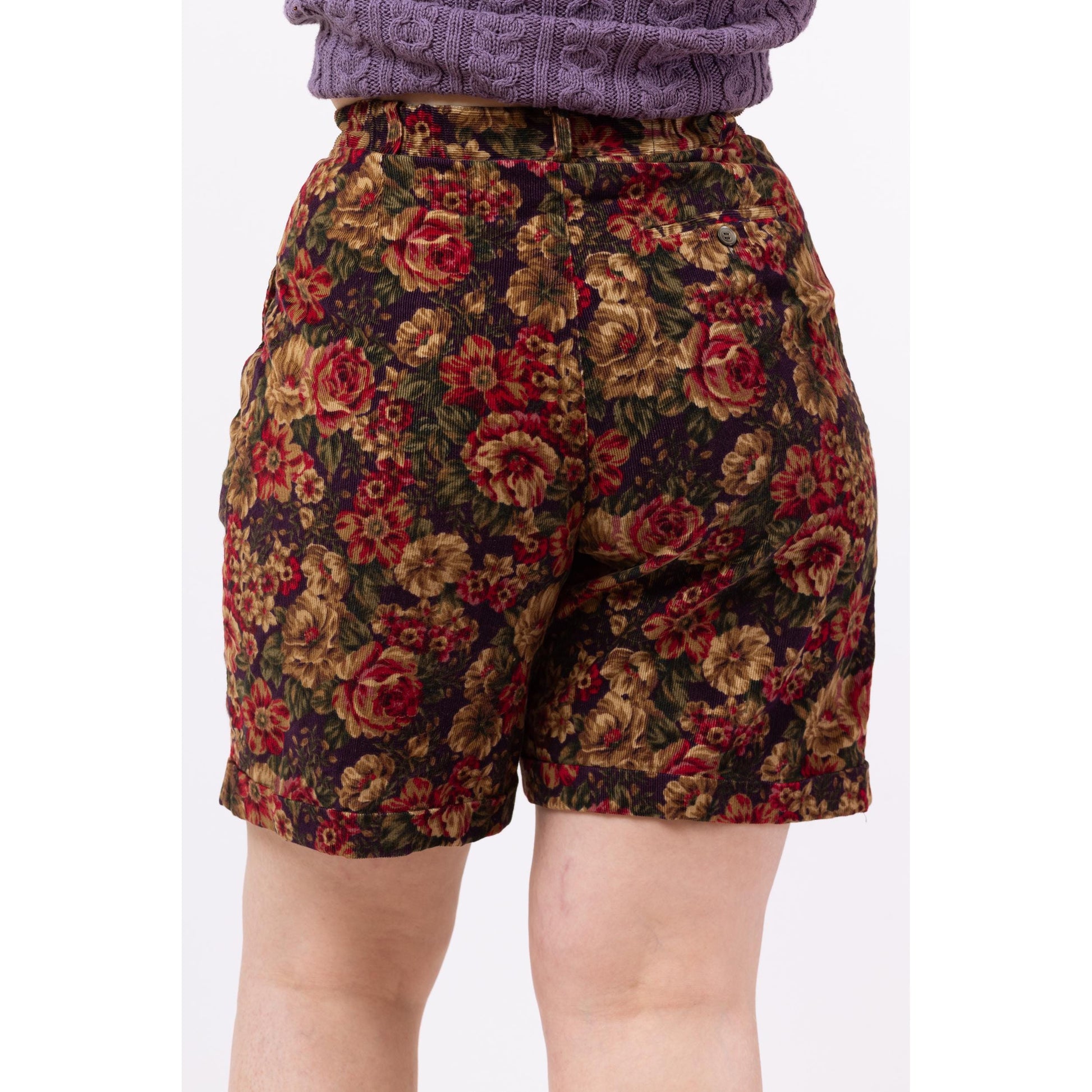 Vintage 90s Jewel Tone Floral Corduroy High Waisted Shorts - Medium, 29"-31" | Grunge Cuffed Pleated Long Shorts, Wide Leg Casual Shorts