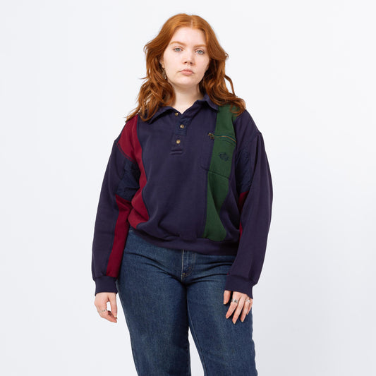 Vintage 90s Navy Blue Color Block Collared Sweatshirt | Preppy Style, 90s Grunge Clothing, Rugby Pullover