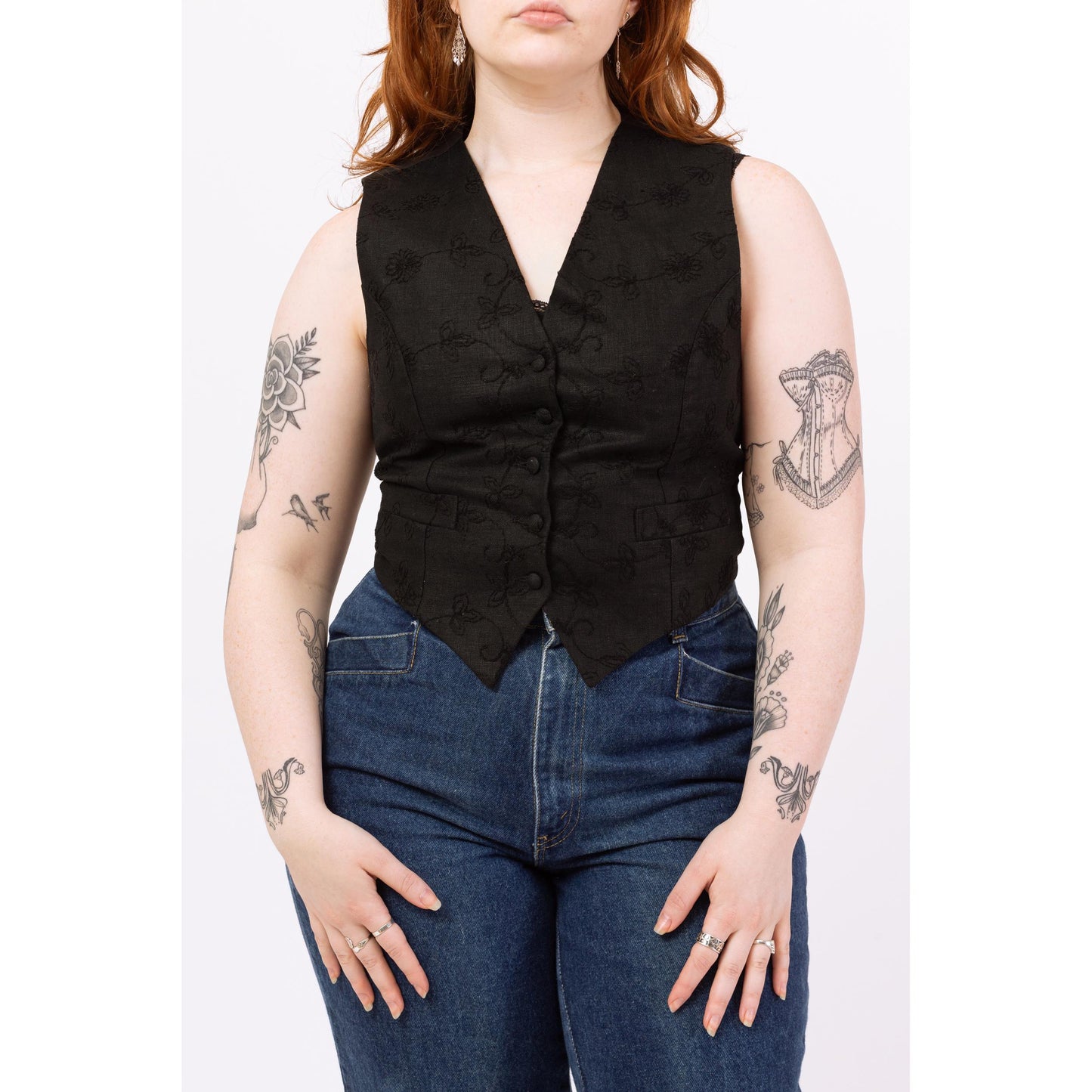 Vintage 90s Black Linen Floral Embroidered Vest - Medium | Boho Crop Top, Button Up V Neck Sleeveless Shirt