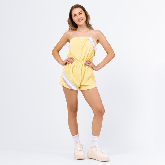 Vintage 70s Yellow Pastel Striped Terrycloth Romper - Small | Strapless Tube Top Playsuit, Retro 1970s Summer Outfit Beach Cover Up
