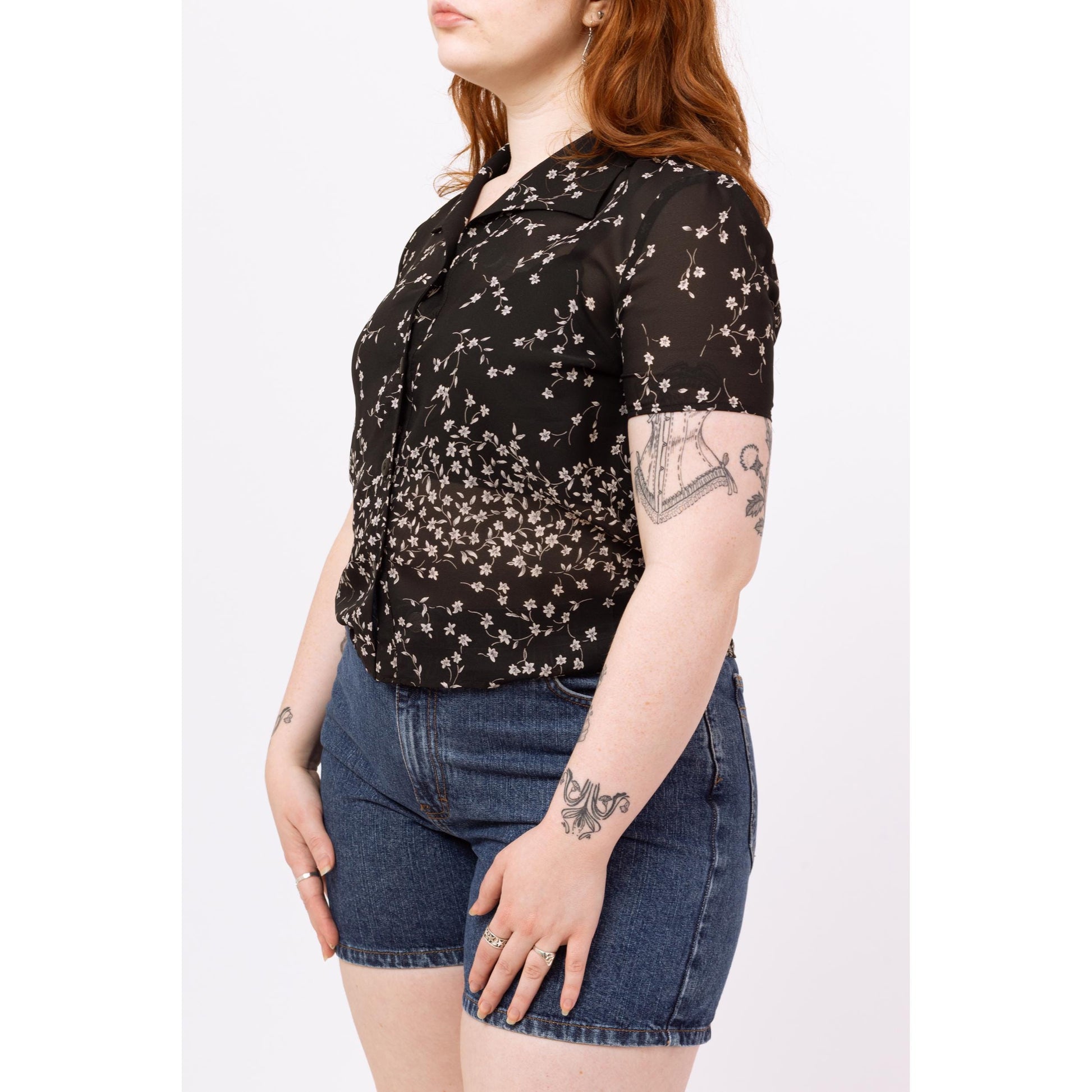 Vintage 90s Sheer Black Falling Floral Blouse - Medium | Boho Short Sleeve Button Up Collared Top