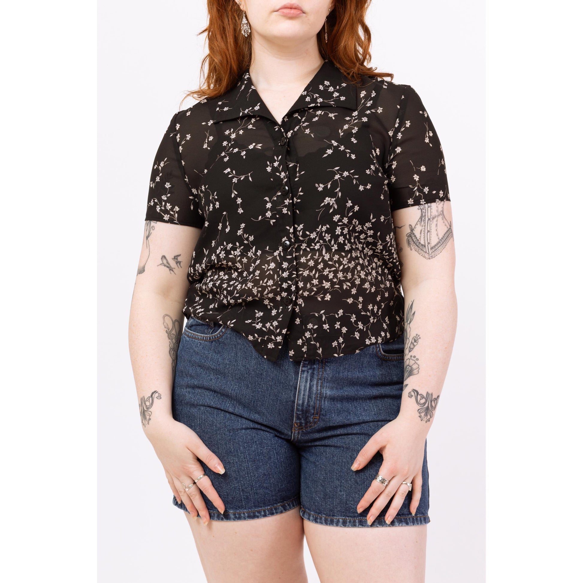 Vintage 90s Sheer Black Falling Floral Blouse - Medium | Boho Short Sleeve Button Up Collared Top