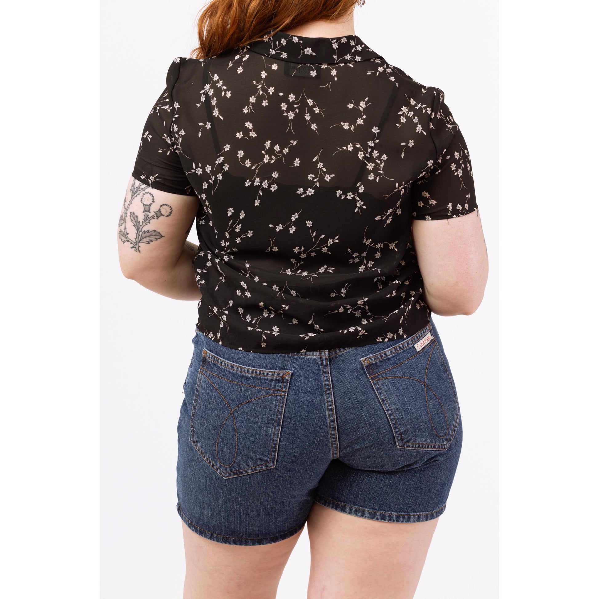 Vintage 90s Sheer Black Falling Floral Blouse - Medium | Boho Short Sleeve Button Up Collared Top