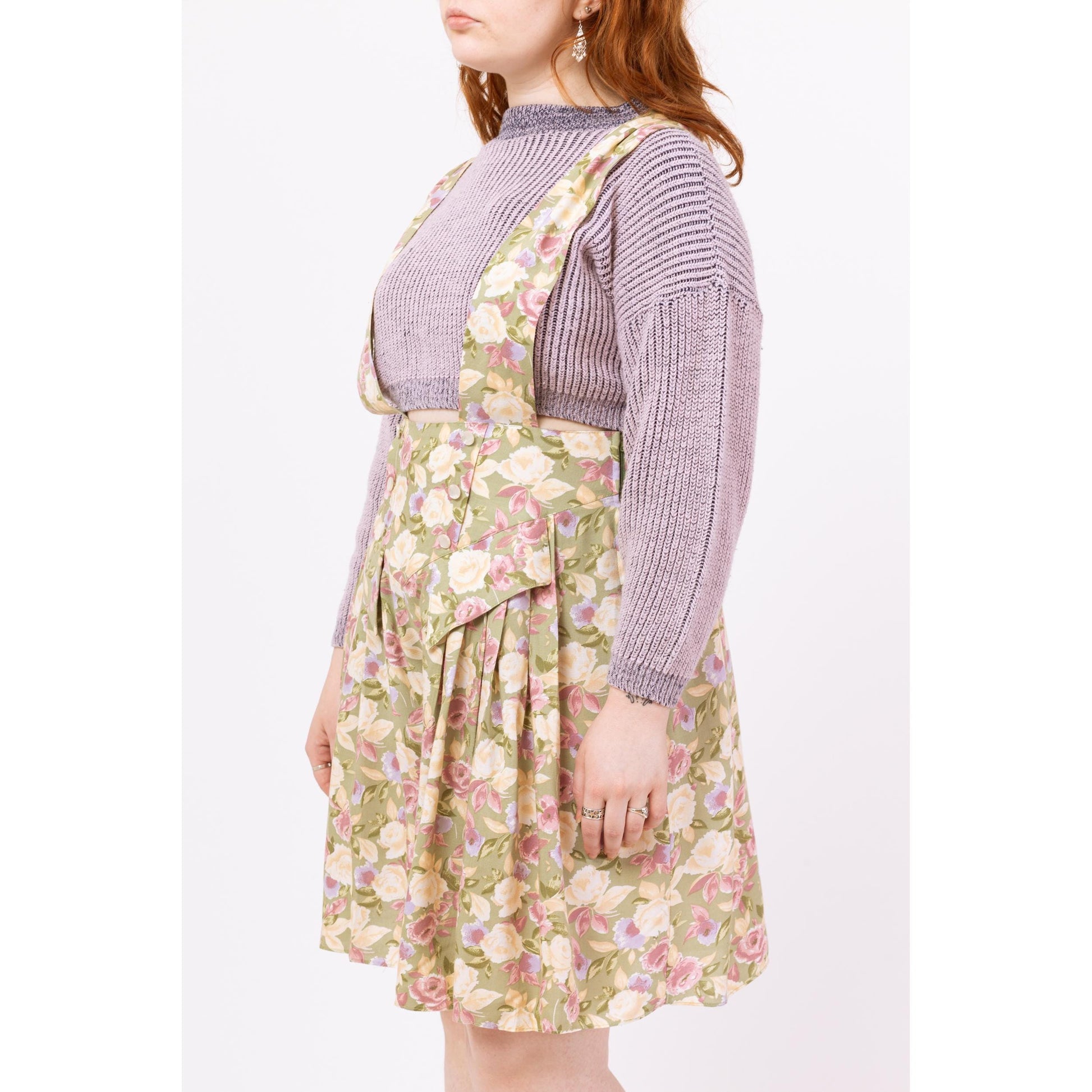 Vintage 80s Sage Green Pastel Floral Pinafore Romper – Large | Boho Suspender Playsuit, Wide Leg Overall Dress, Flowy Summer Outfit
