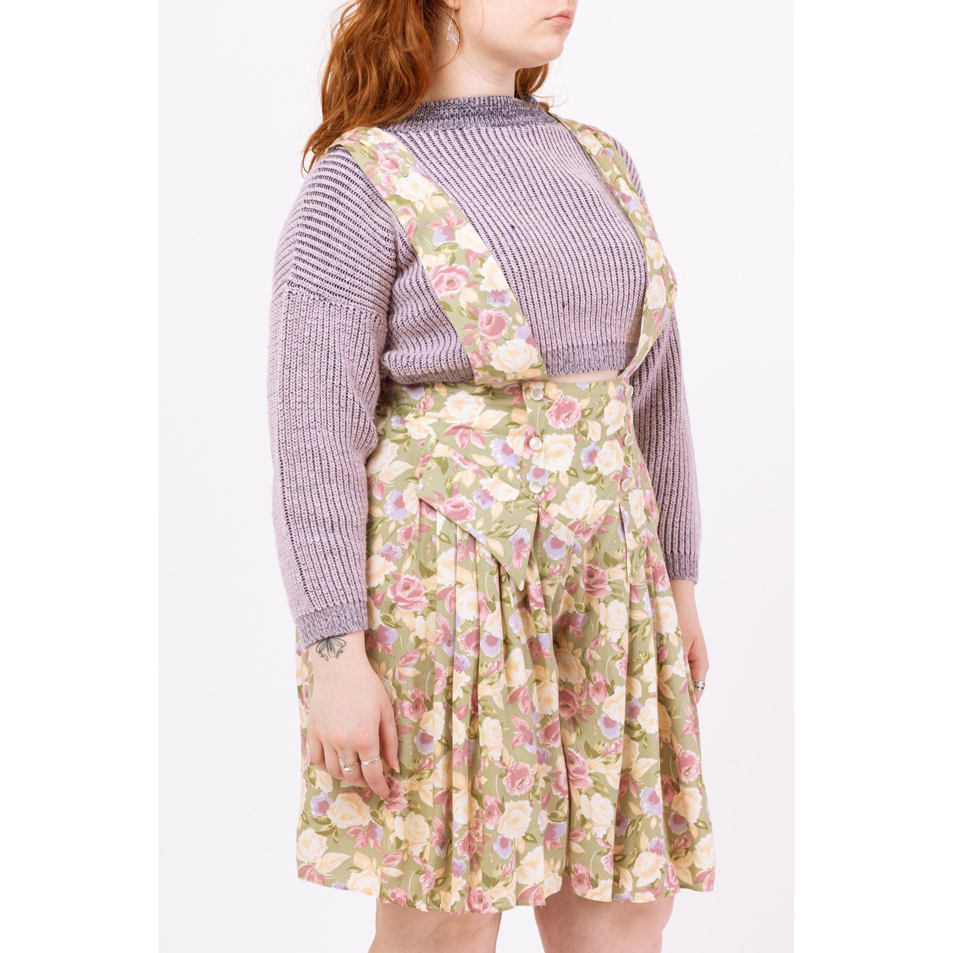 Vintage 80s Sage Green Pastel Floral Pinafore Romper – Large | Boho Suspender Playsuit, Wide Leg Overall Dress, Flowy Summer Outfit