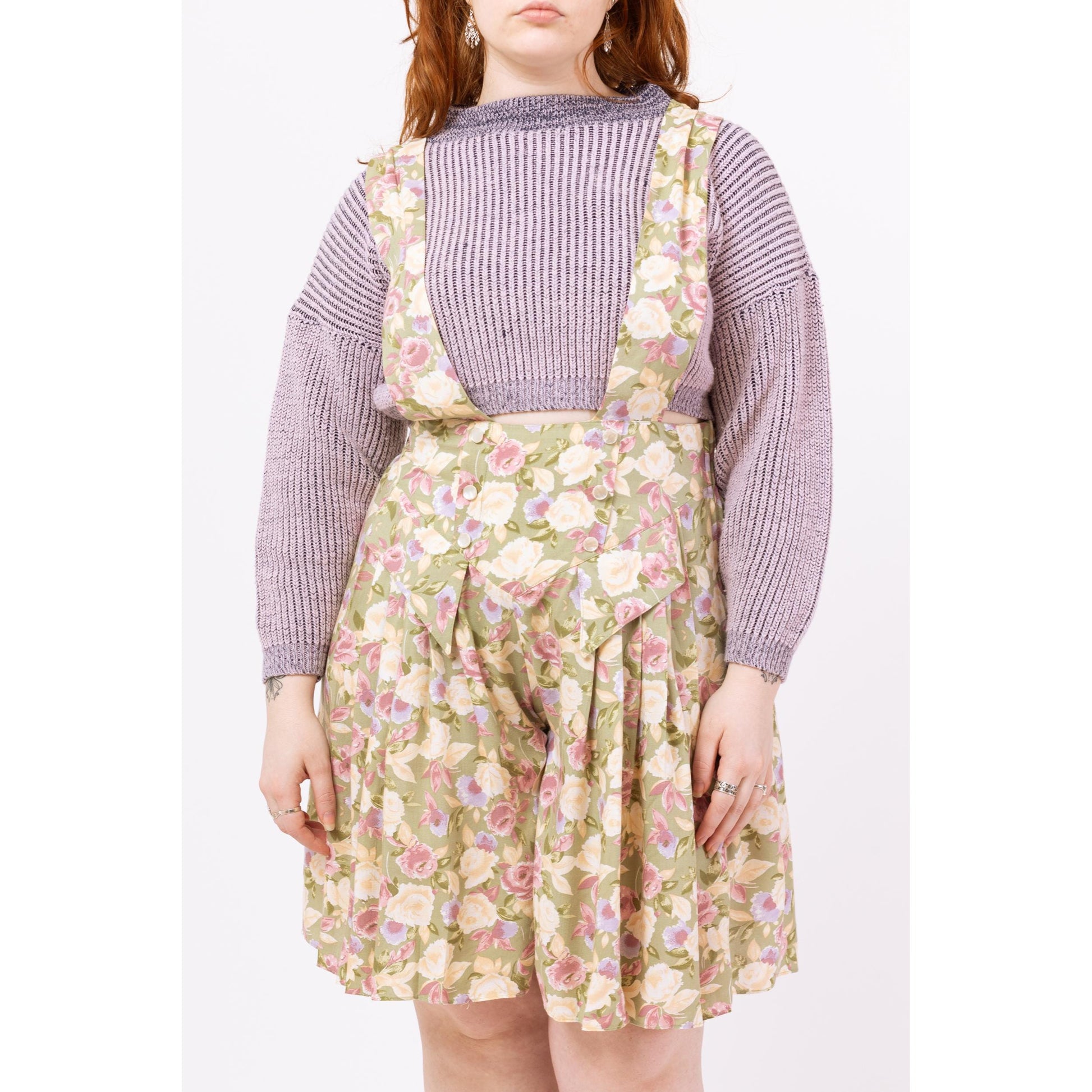 Vintage 80s Sage Green Pastel Floral Pinafore Romper – Large | Boho Suspender Playsuit, Wide Leg Overall Dress, Flowy Summer Outfit