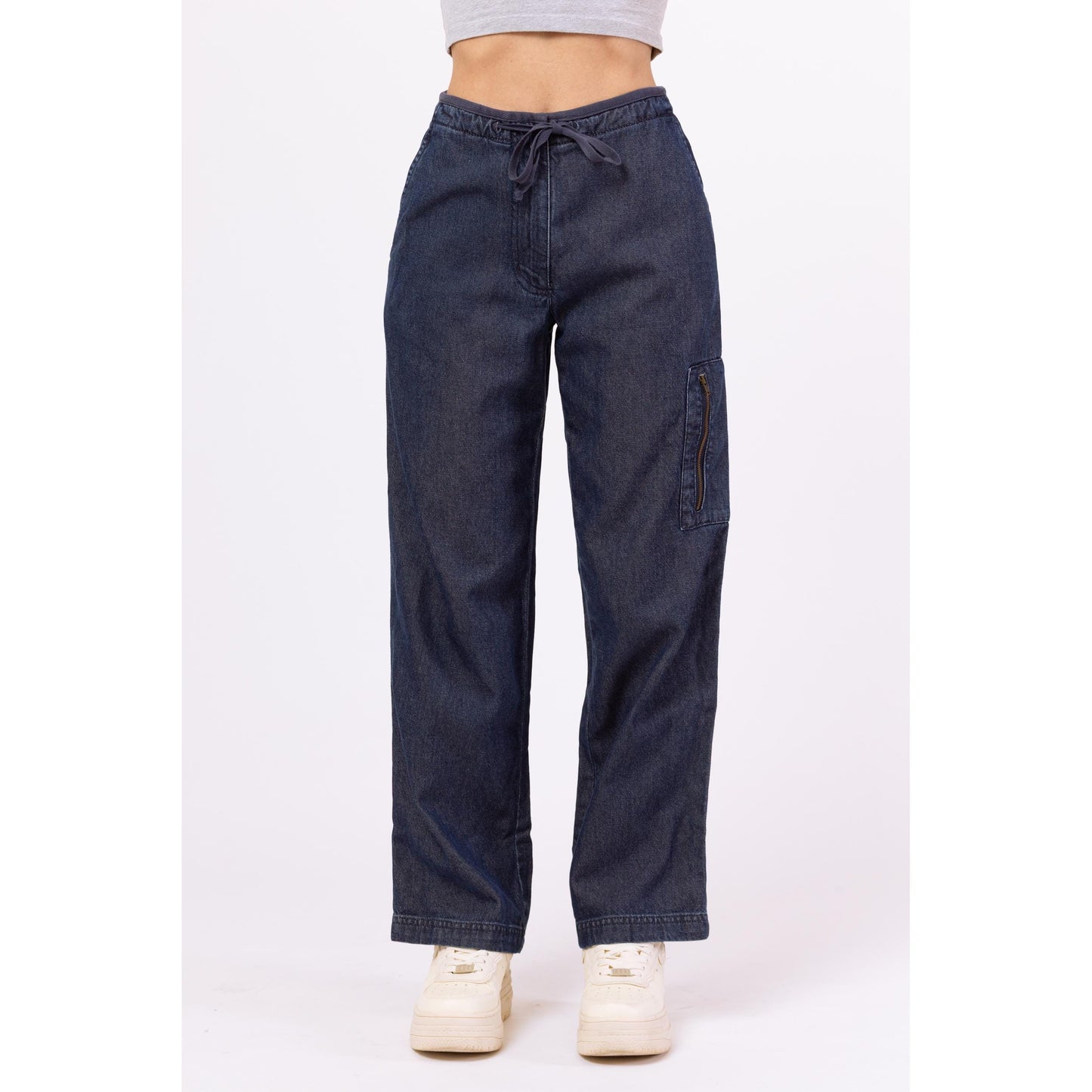 Vintage Y2K Chambray Drawstring Waist Cargo Jeans - Petite XS, 24" Waist | Vintage Straight Leg Dark Wash Denim Look Pants