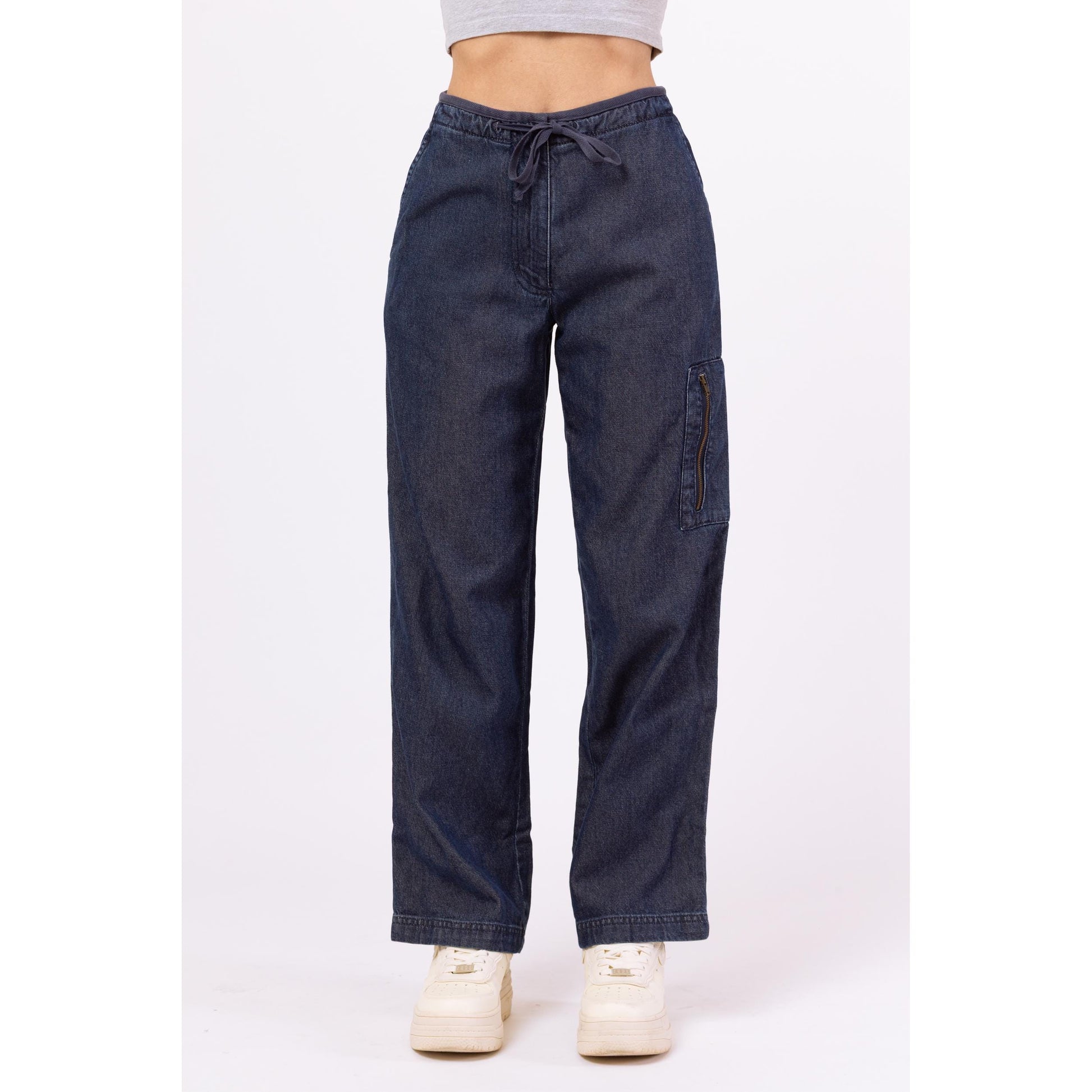 Vintage Y2K Chambray Drawstring Waist Cargo Jeans - Petite XS, 24" Waist | Vintage Straight Leg Dark Wash Denim Look Pants