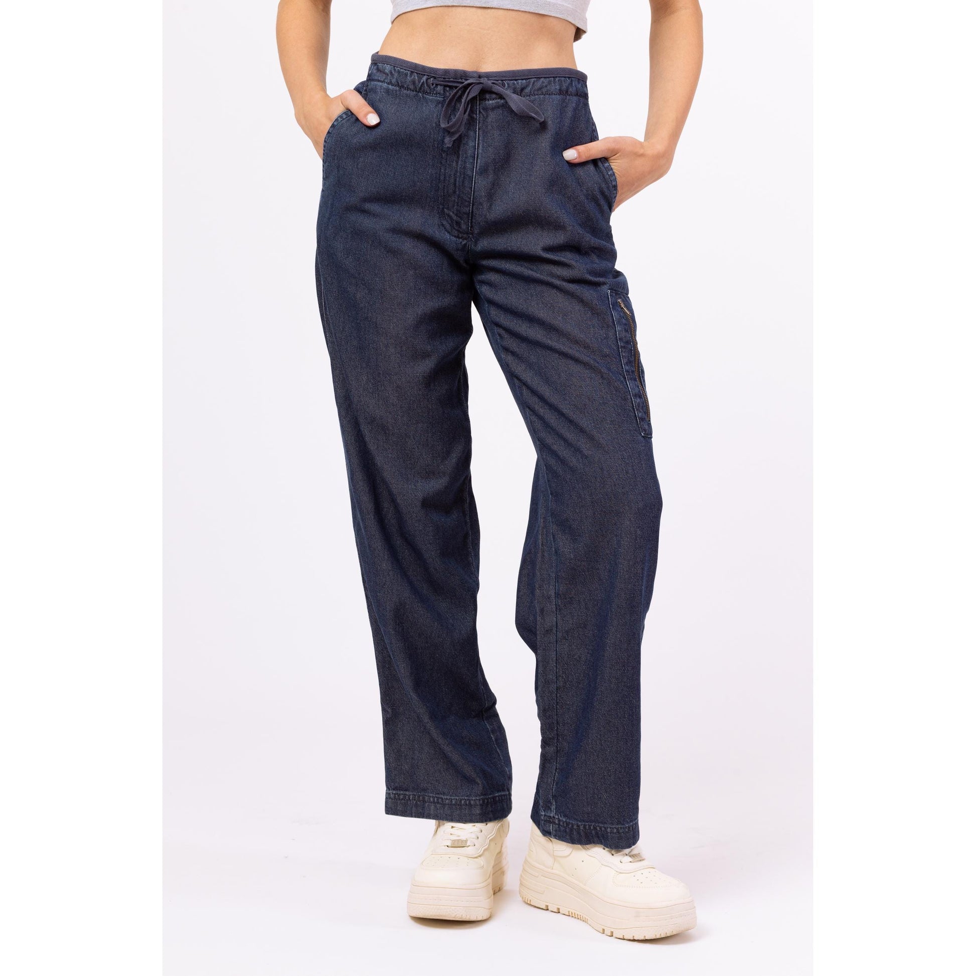 Vintage Y2K Chambray Drawstring Waist Cargo Jeans - Petite XS, 24" Waist | Vintage Straight Leg Dark Wash Denim Look Pants