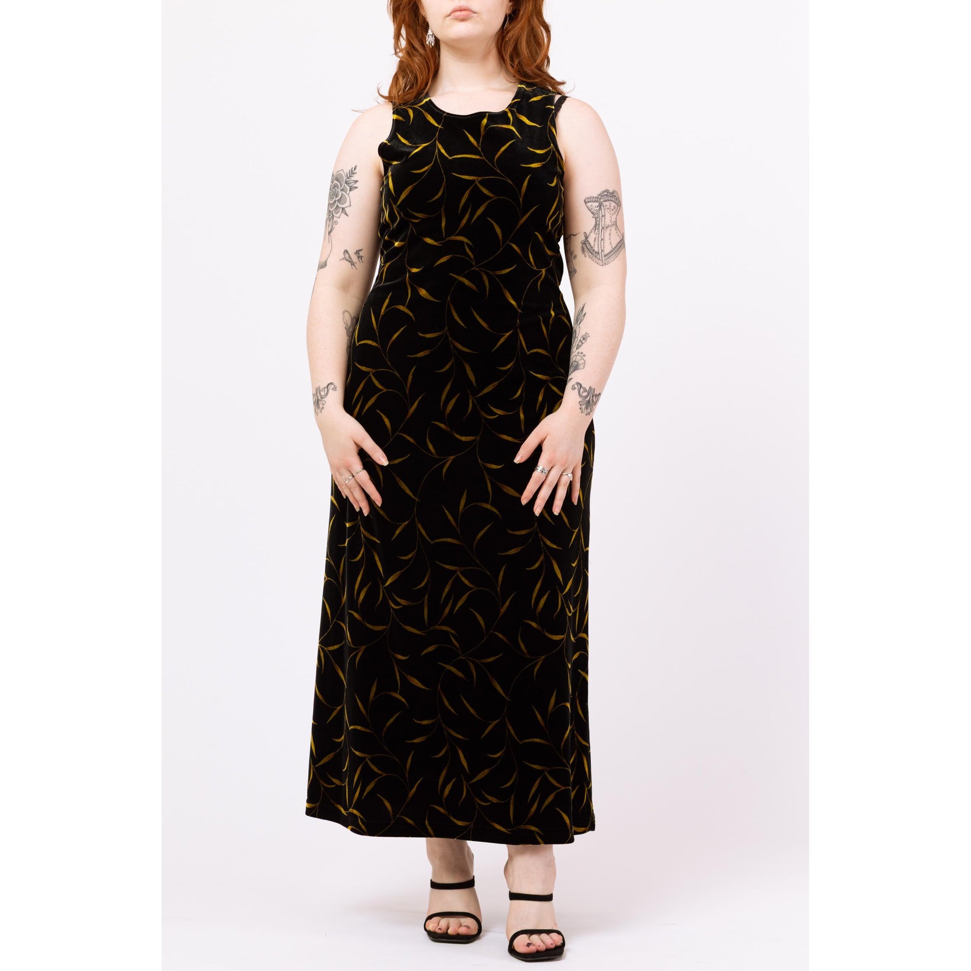 Vintage 90s Black & Gold Vine Print Velvet Maxi Dress - Petite Large | A Line Sleeveless Grunge Dress, Slinky Long Cocktail Dress