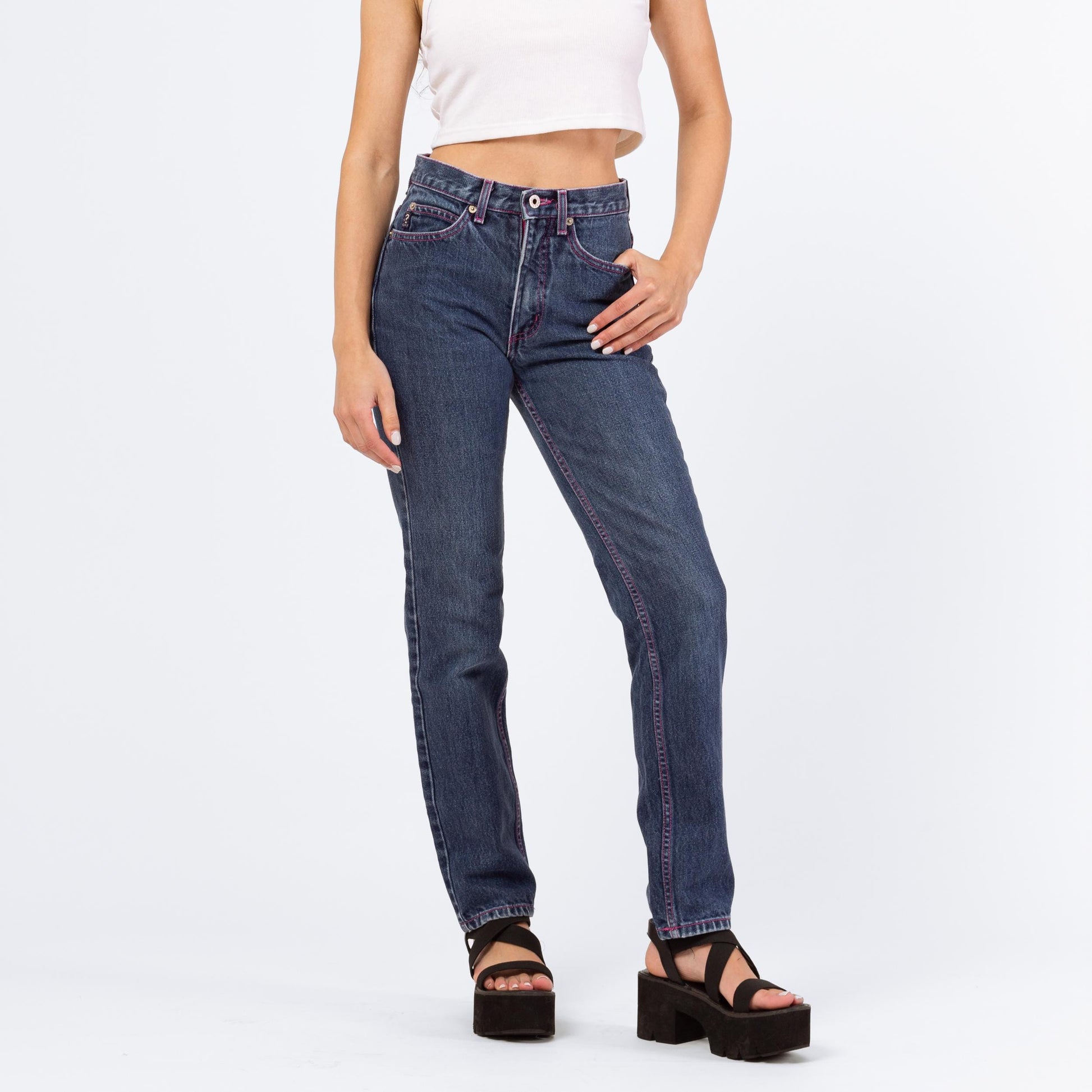 Vintage 90s Guess Mid Rise Pink Stitch Logo Jeans - XXS | Dark Wash Denim Y2K Skinny Jeans, 2000s Streetwear Jeans