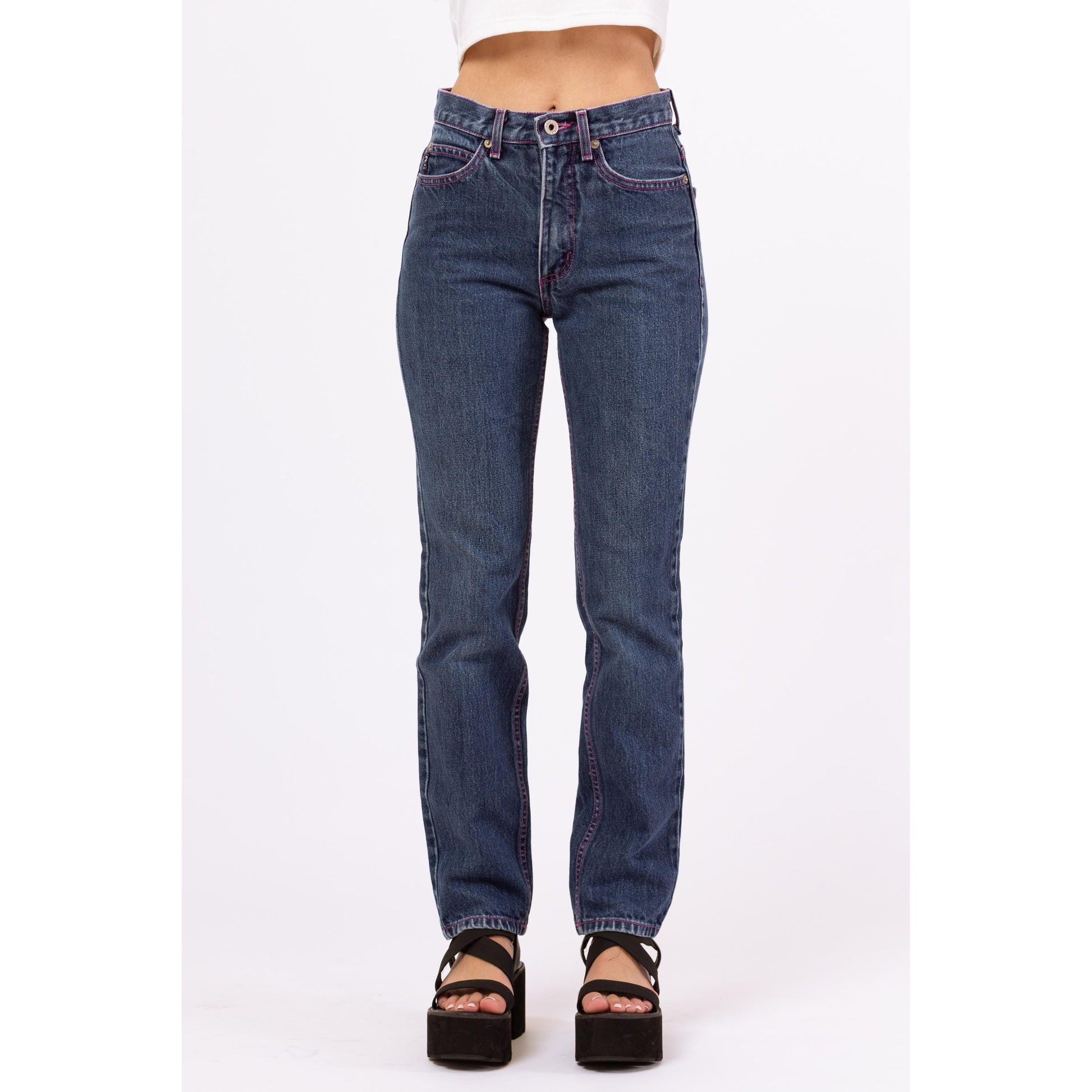 Vintage 90s Guess Mid Rise Pink Stitch Logo Jeans - XXS | Dark Wash Denim Y2K Skinny Jeans, 2000s Streetwear Jeans