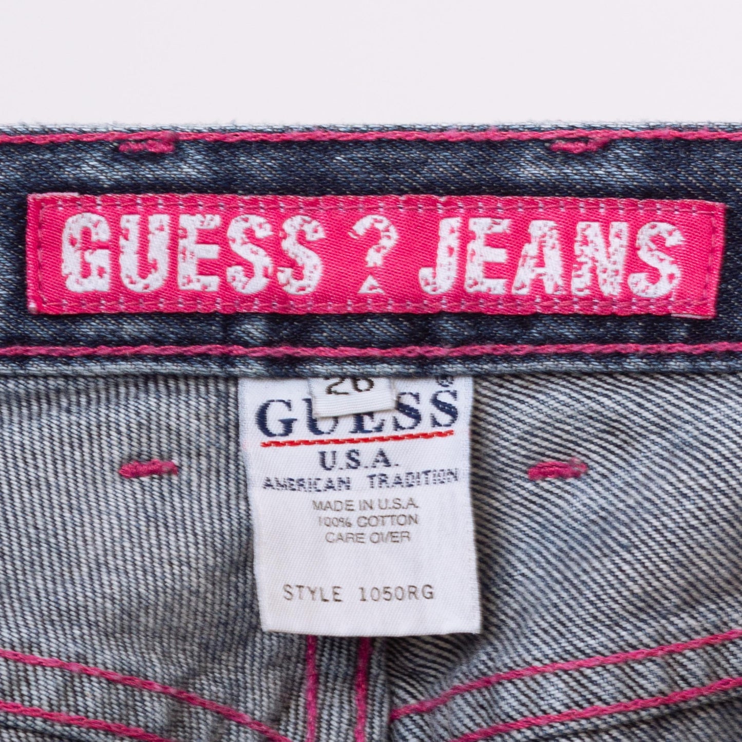 Vintage 90s Guess Mid Rise Pink Stitch Logo Jeans - XXS | Dark Wash Denim Y2K Skinny Jeans, 2000s Streetwear Jeans