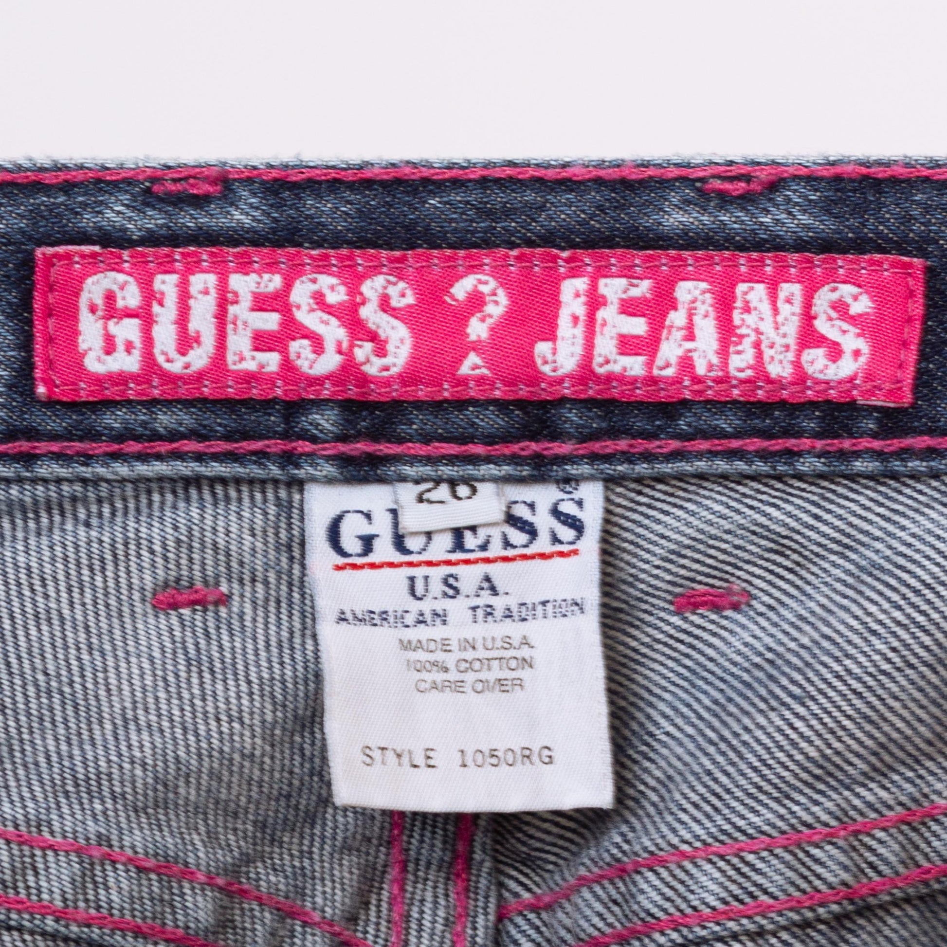 Vintage 90s Guess Mid Rise Pink Stitch Logo Jeans - XXS | Dark Wash Denim Y2K Skinny Jeans, 2000s Streetwear Jeans