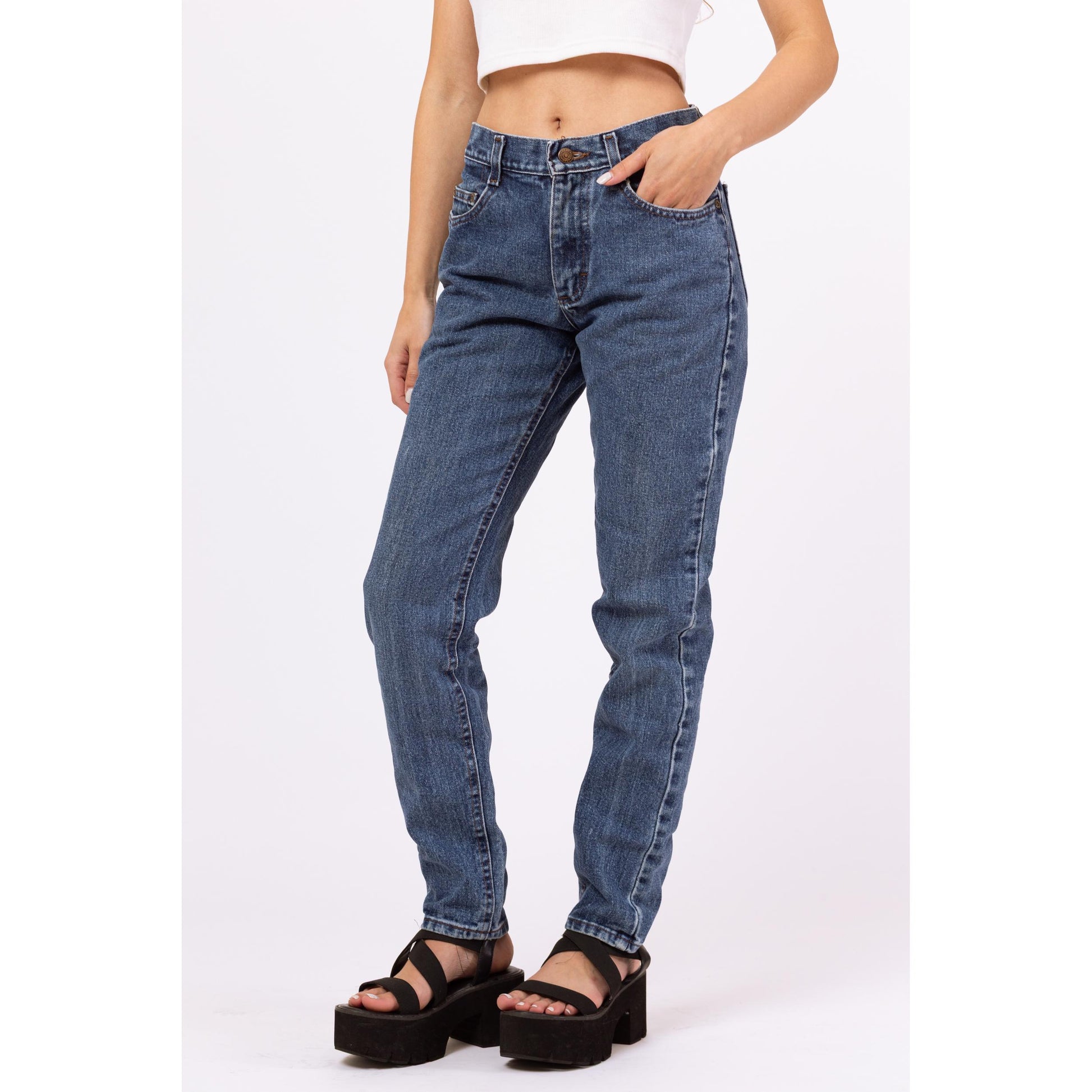 Vintage 90s Lee Stonewash Mid Rise Jeans - Extra Small | Baggy Mom Jeans, Medium Wash Tapered Leg Jeans