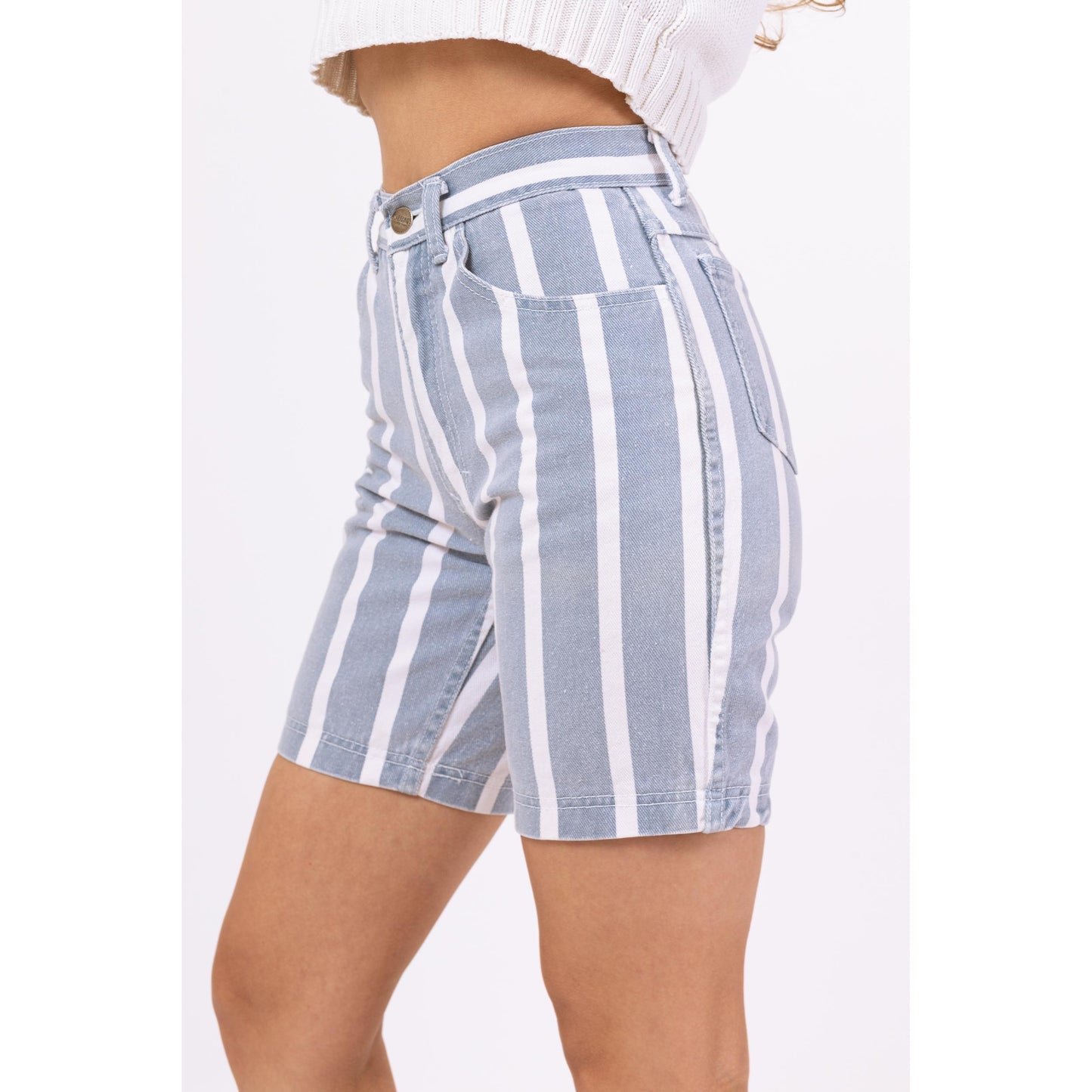 Vintage 80s Blue & White Striped Jean Shorts - XXS, 23" Waist | High Waisted Denim Bermuda Shorts, Streetwear Summer Shorts
