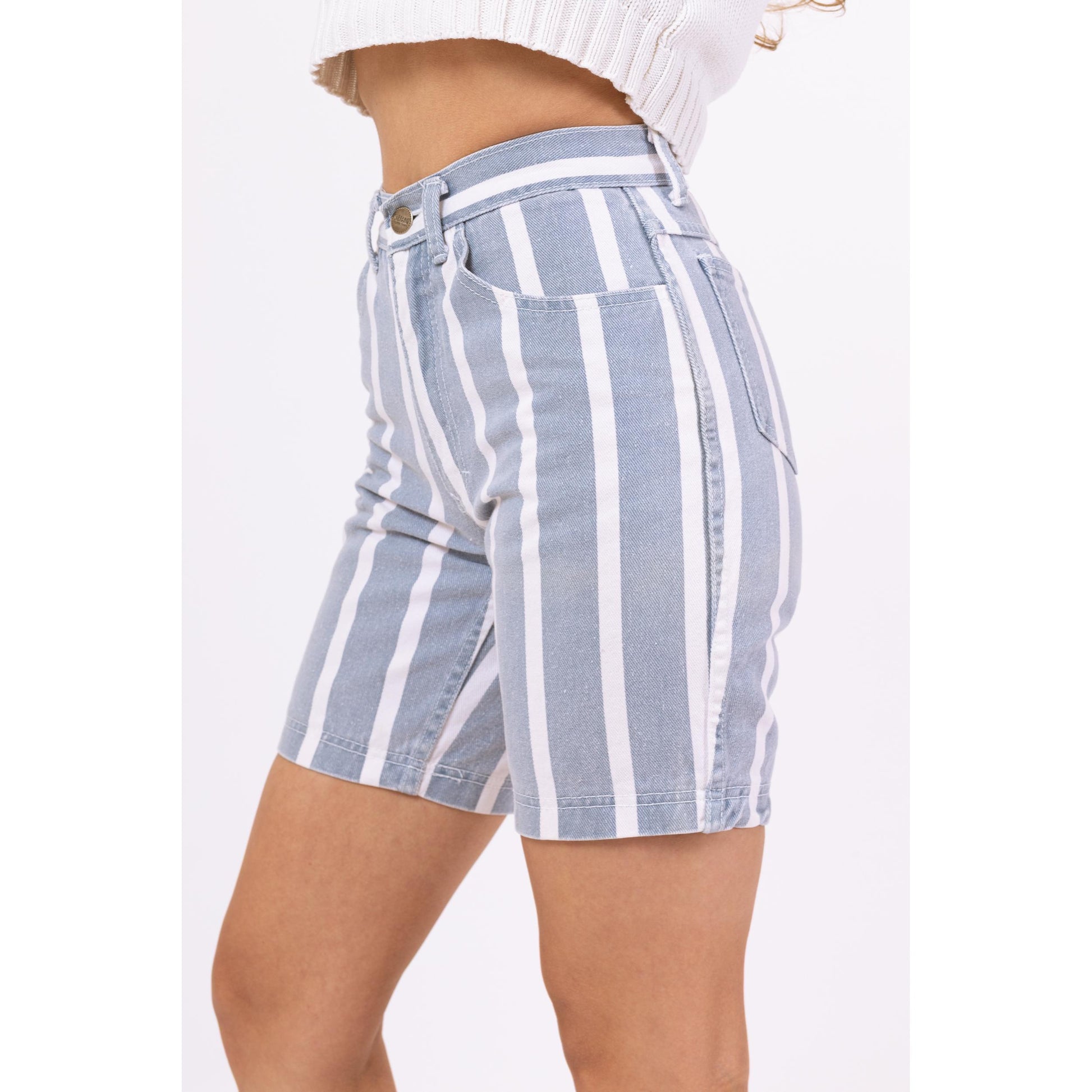 Vintage 80s Blue & White Striped Jean Shorts - XXS, 23" Waist | High Waisted Denim Bermuda Shorts, Streetwear Summer Shorts