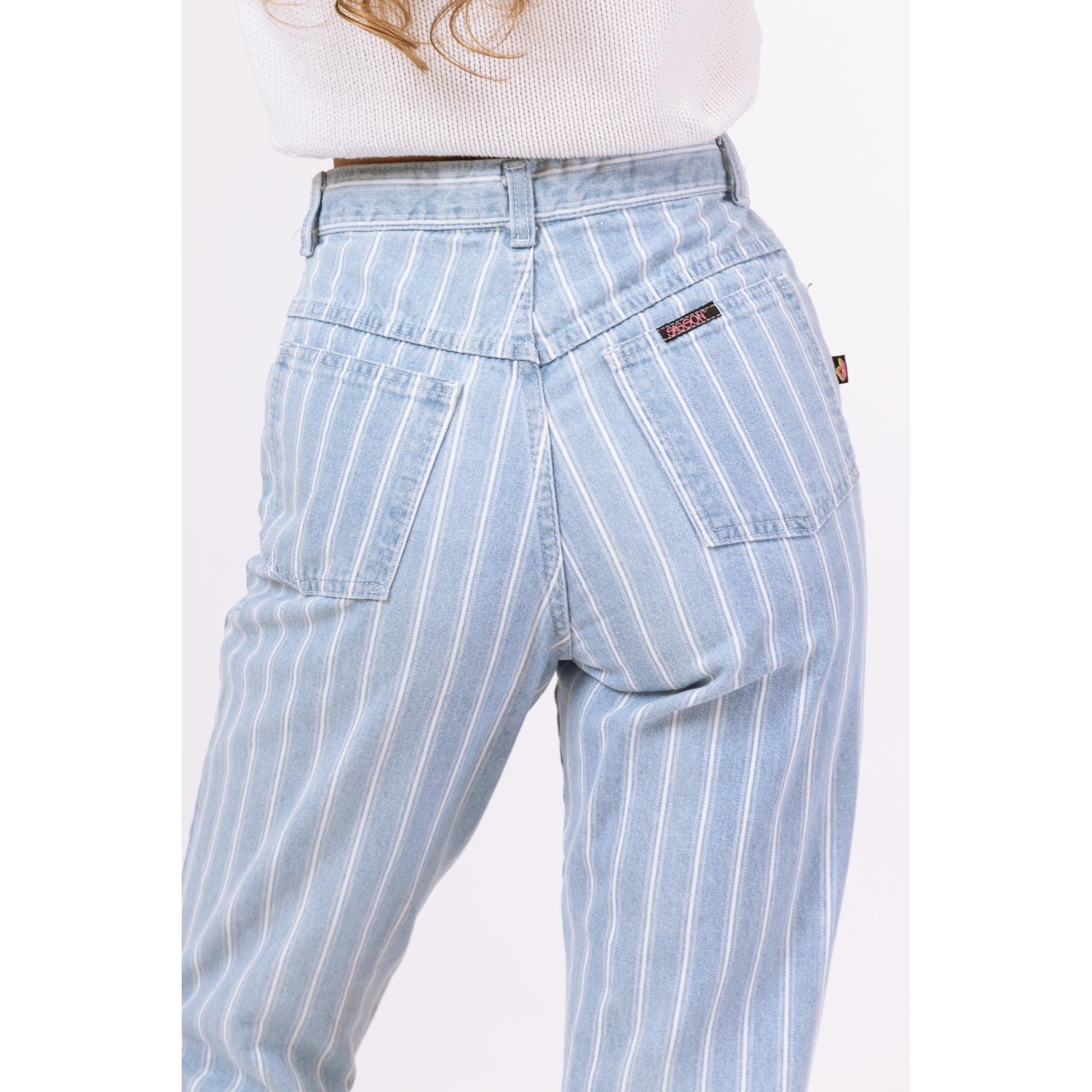 Vintage 80s Pinstriped High Waisted Jeans - Extra Small, 25" Waist | Light Blue Striped Denim Tapered Leg Casual Mom Jeans