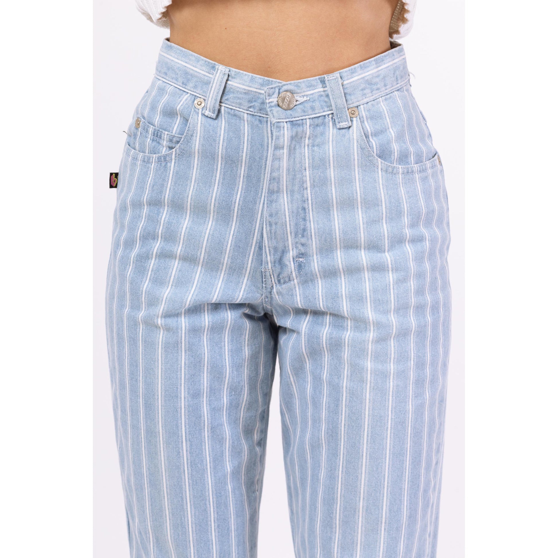 Vintage 80s Pinstriped High Waisted Jeans - Extra Small, 25" Waist | Light Blue Striped Denim Tapered Leg Casual Mom Jeans
