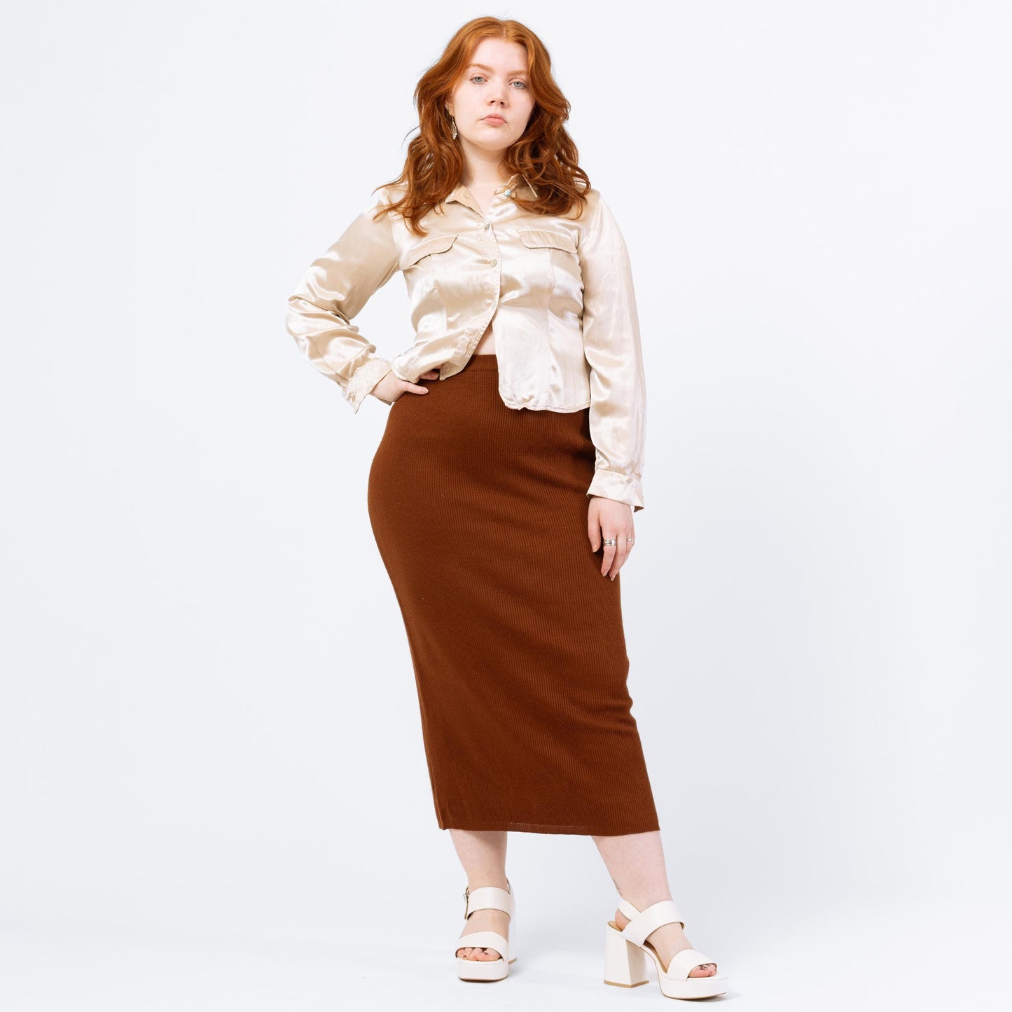 Vintage 90s Cocoa Brown Knit Maxi Skirt - Medium | Evan Picone Minimalist Fitted Stretchy Pencil Skirt