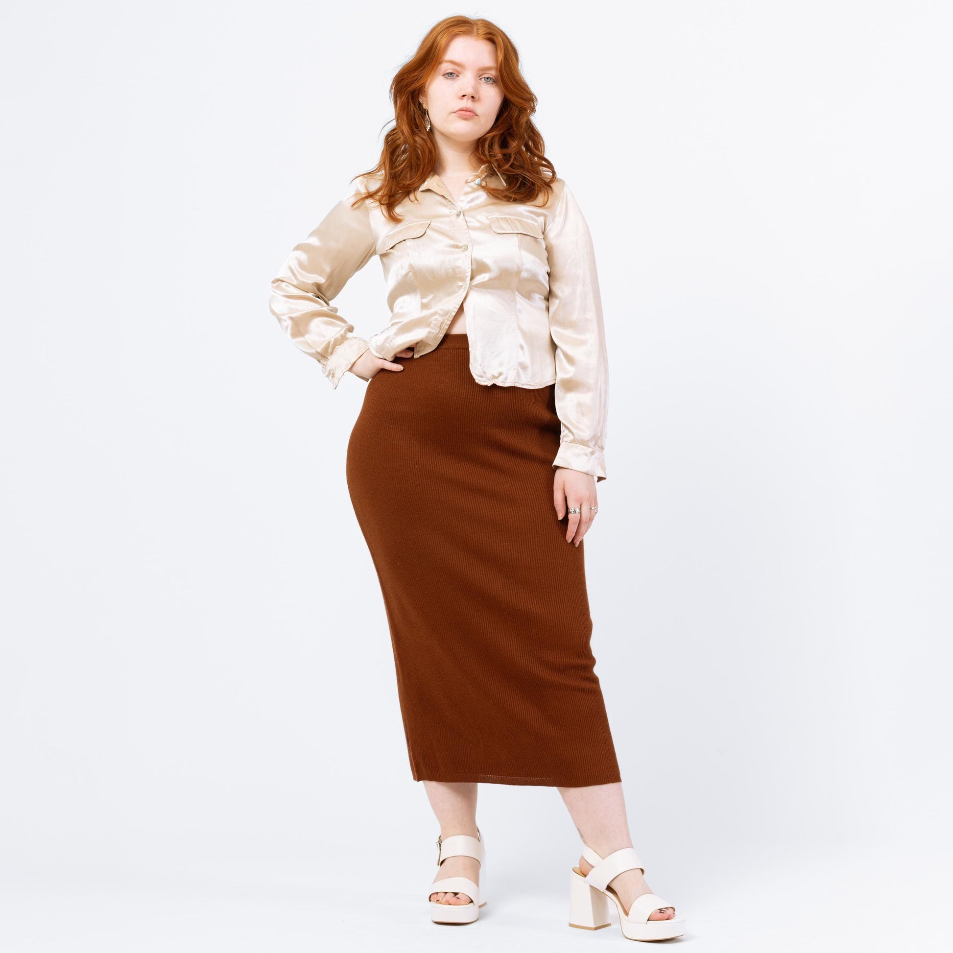 Vintage 90s Cocoa Brown Knit Maxi Skirt - Medium | Evan Picone Minimalist Fitted Stretchy Pencil Skirt