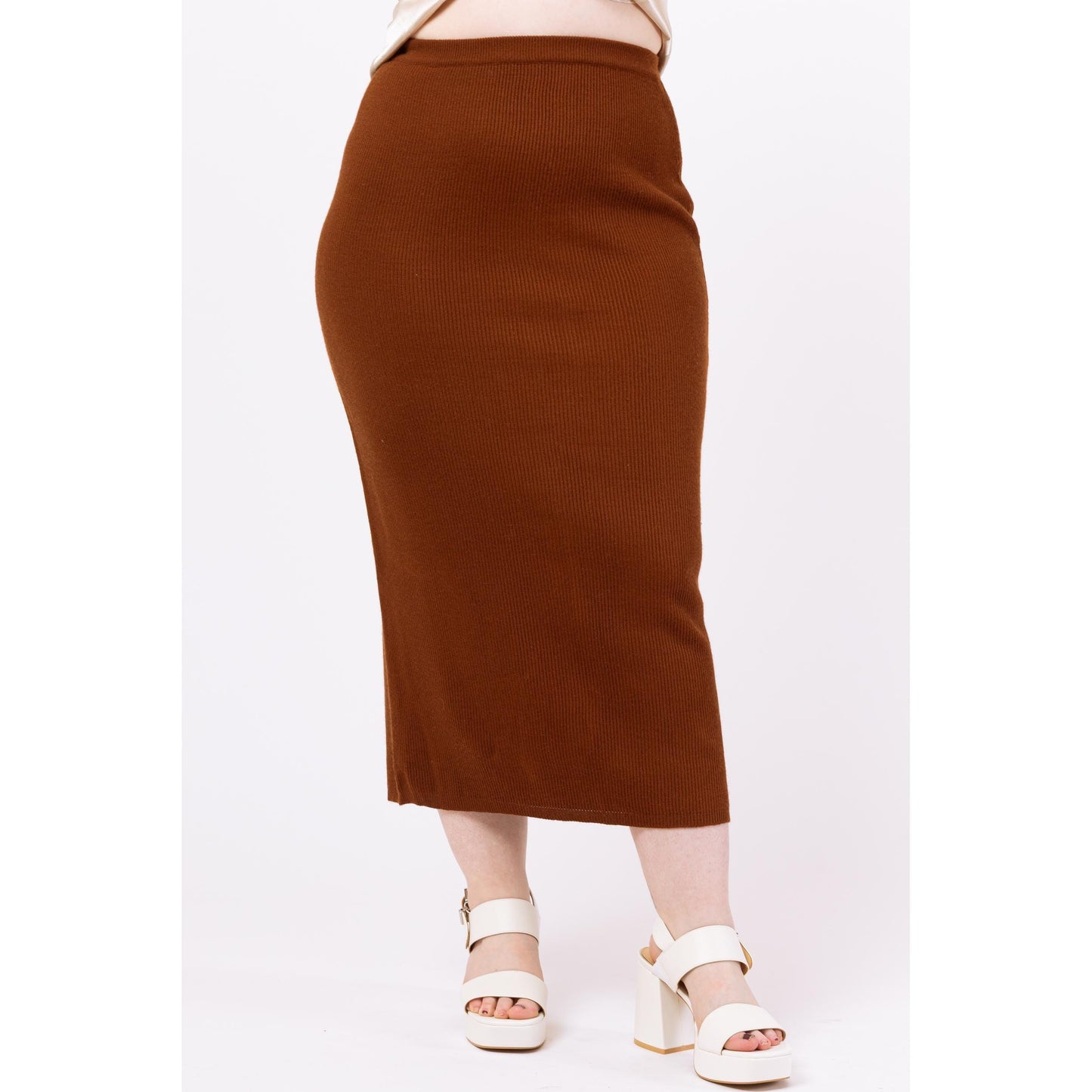 Vintage 90s Cocoa Brown Knit Maxi Skirt - Medium | Evan Picone Minimalist Fitted Stretchy Pencil Skirt