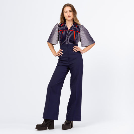 Vintage 70s Navy Blue Striped Disco Jumpsuit - Extra Small | Retro Flutter Sleeve Flared Leg One Piece Outfit Pantsuit